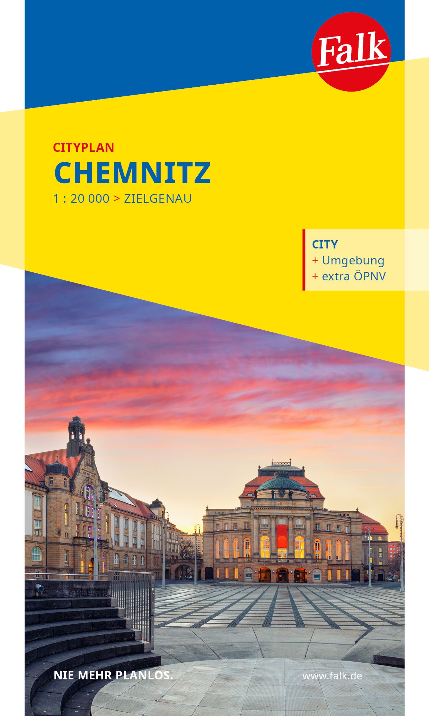 Falk Cityplan Chemnitz 1:20.000 Cover Falk Cityplan Chemnitz. Historisches Gebäude in Abendlicht