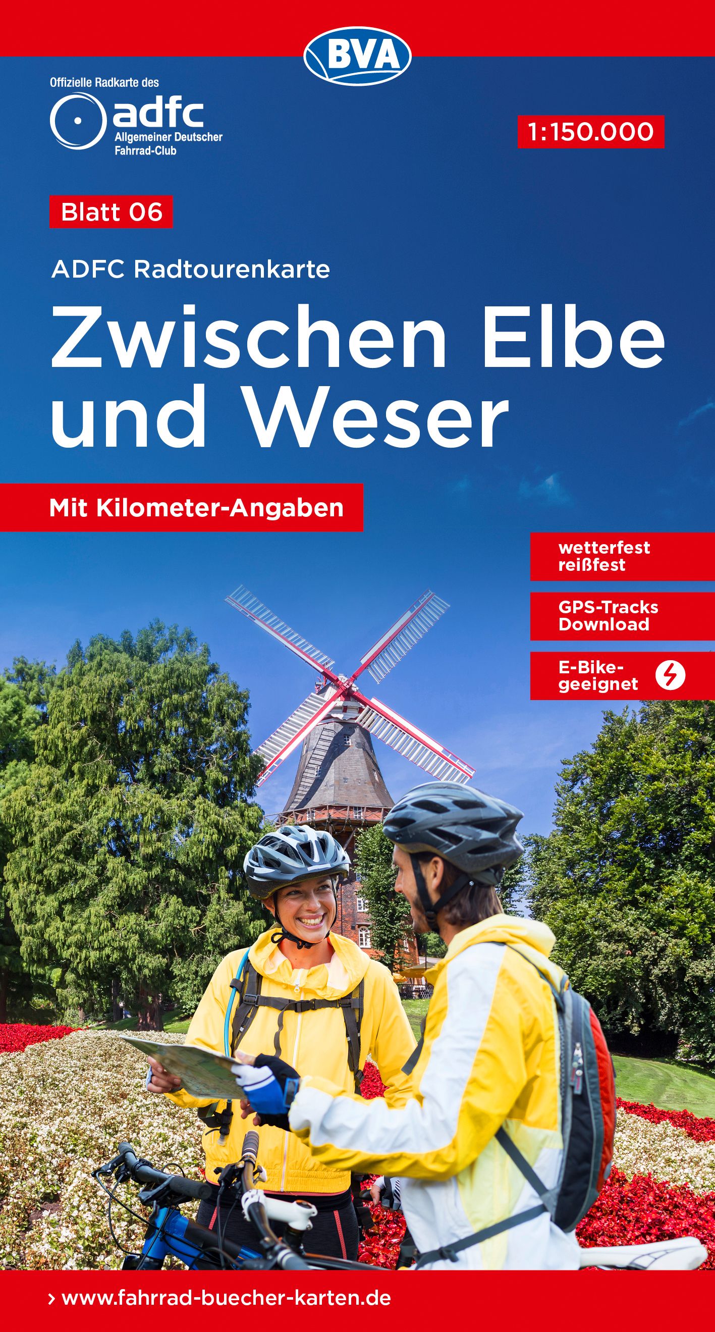 9783969901113 ADFC-Radtourenkarte 6 Zwischen Elbe und Weser, Mann und Frau auf Fahrrädern mit Windmühle im Hintergrund