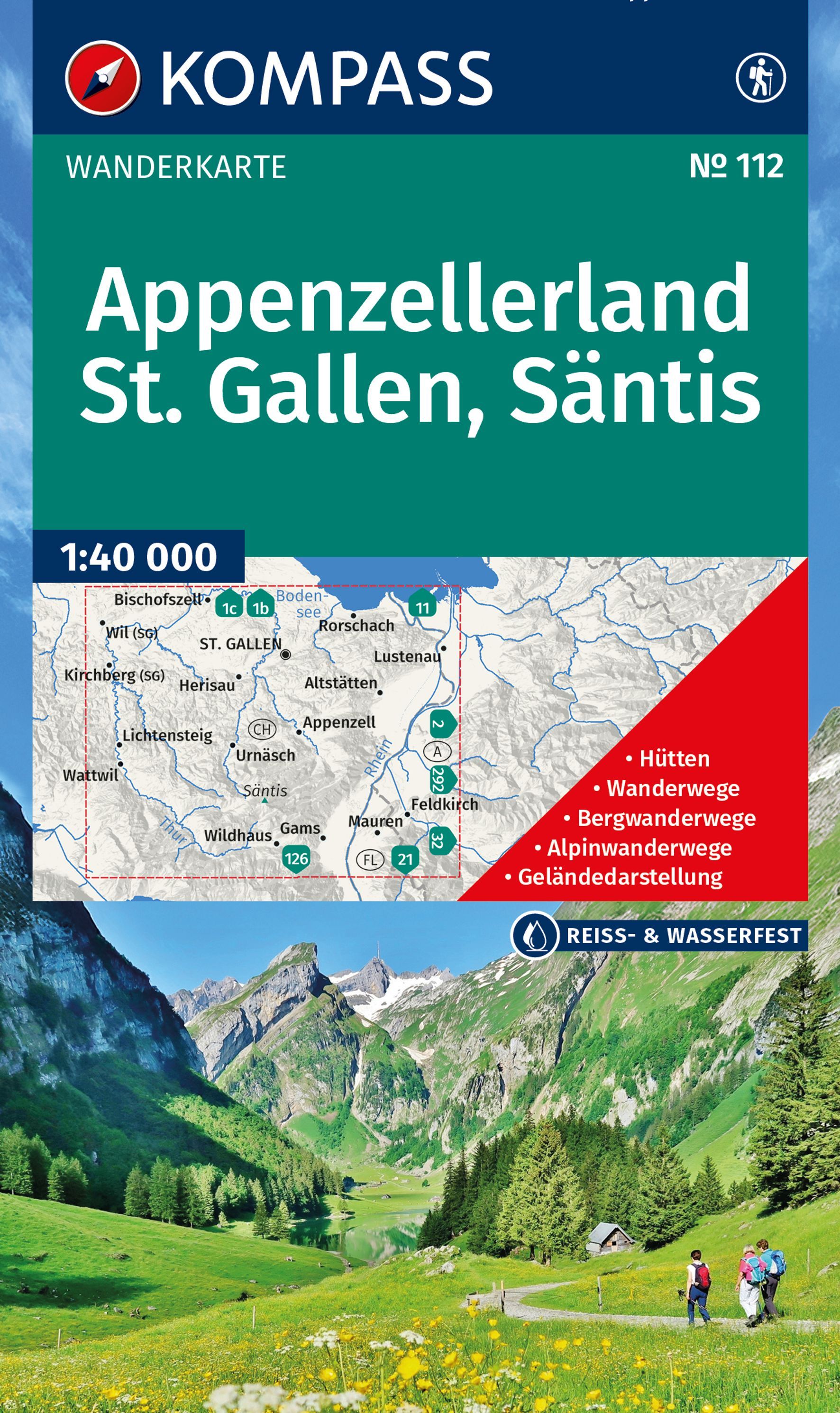 KOMPASS Wanderkarte 112 Appenzellerland,St. Gallen Werbung, Plakat, Draußen, Natur, Person