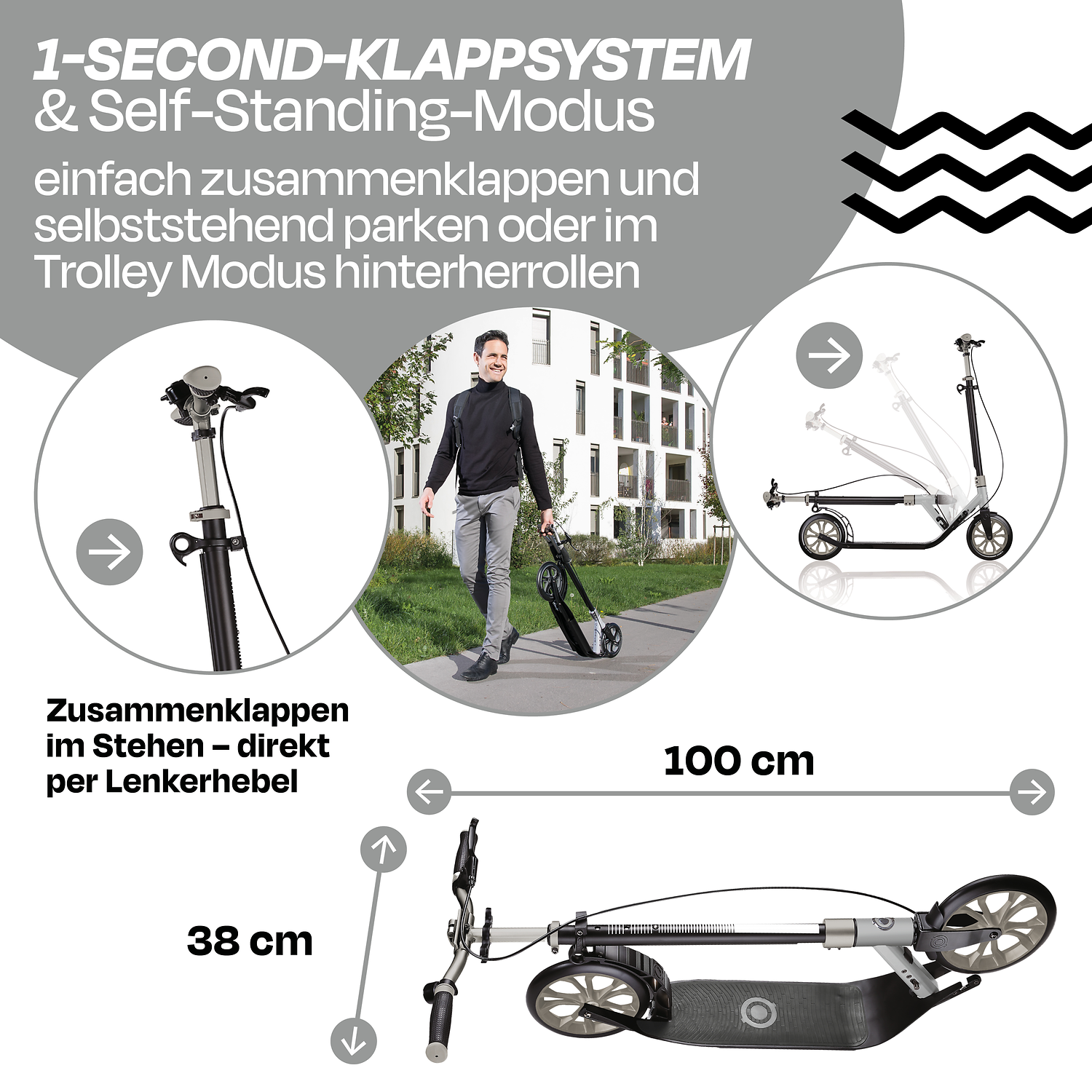 Faltbarer Roller, E-Scooter, Klappbarer Scooter, Trolley-Modus, Langes Trittbrett