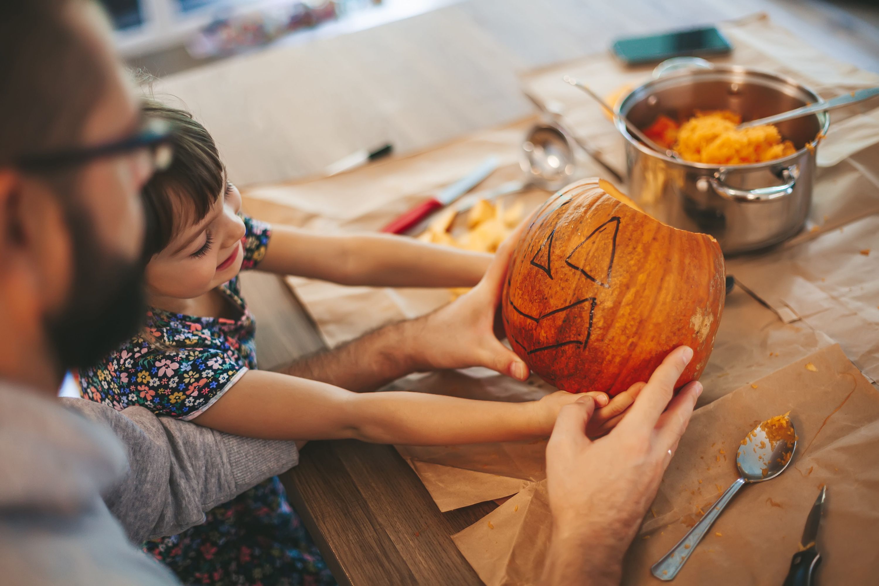 pumpkin, jack-o-lantern, carving, orange, kitchen