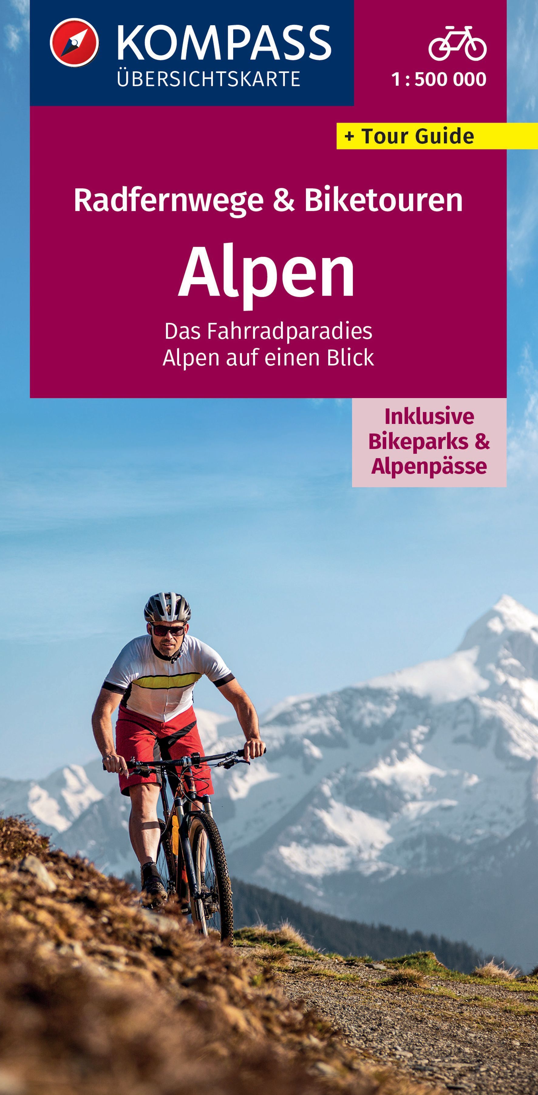 KOMPASS Radfernwege & Biketouren Alpen Helme, Werbung, Plakat, Fahrrad, Person