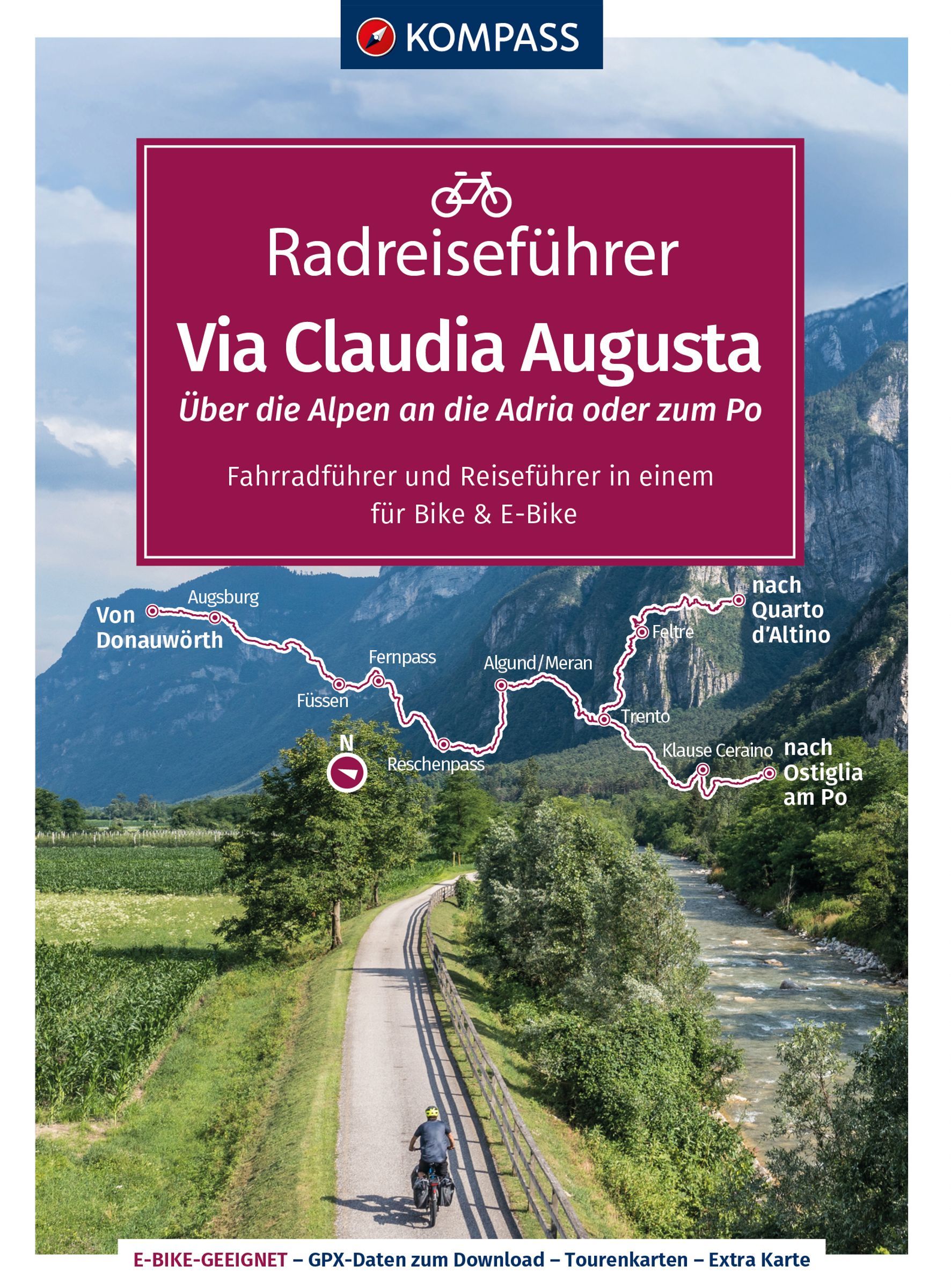 KOMPASS Radreiseführer Via Claudia Augusta Werbung, Plakat, Pfad, Person, Straße