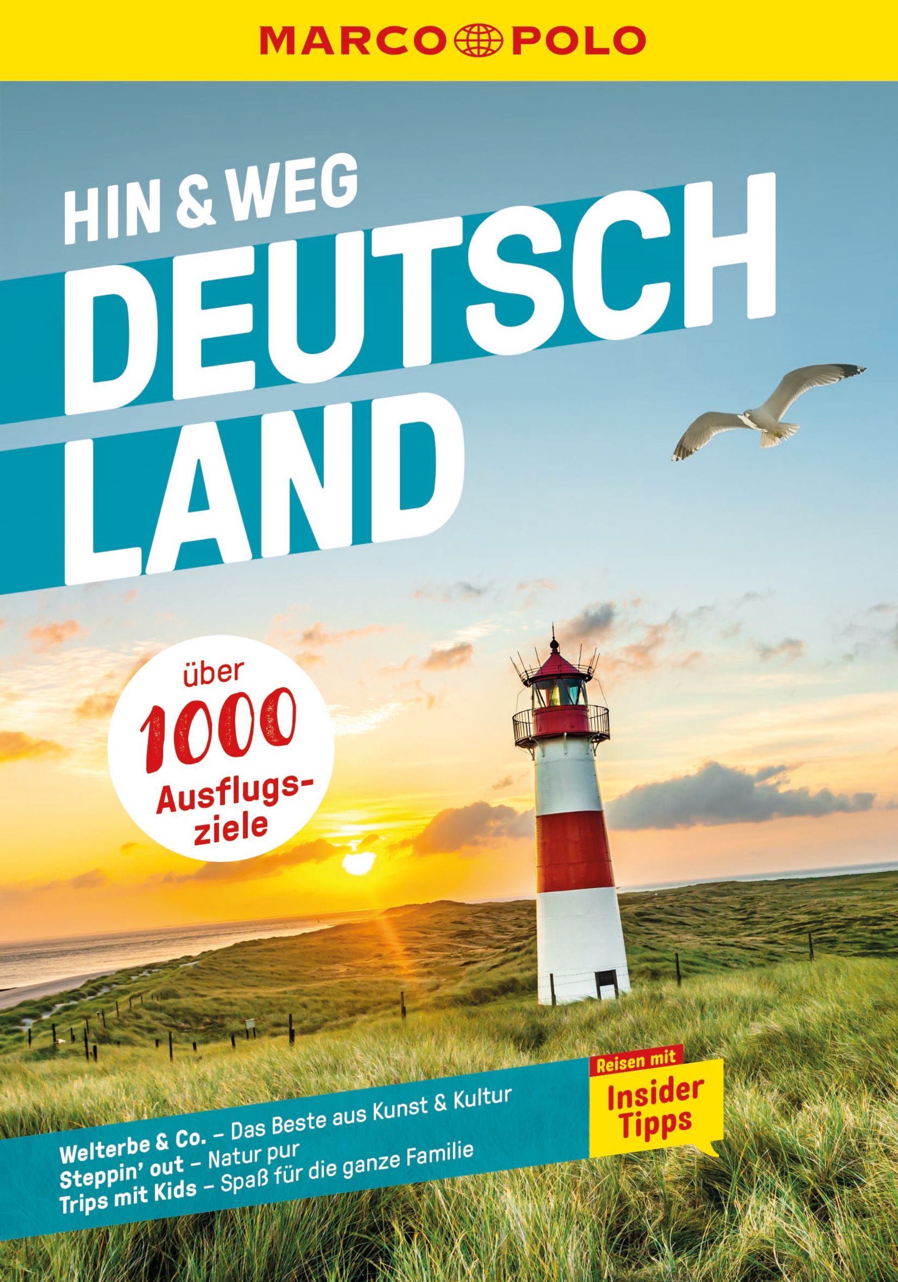9783575016973 MARCO POLO Hin & Weg Deutschland, Cover grüne Wiesen mit Rot weißem Leuchtturm mit Sonnenuntergang