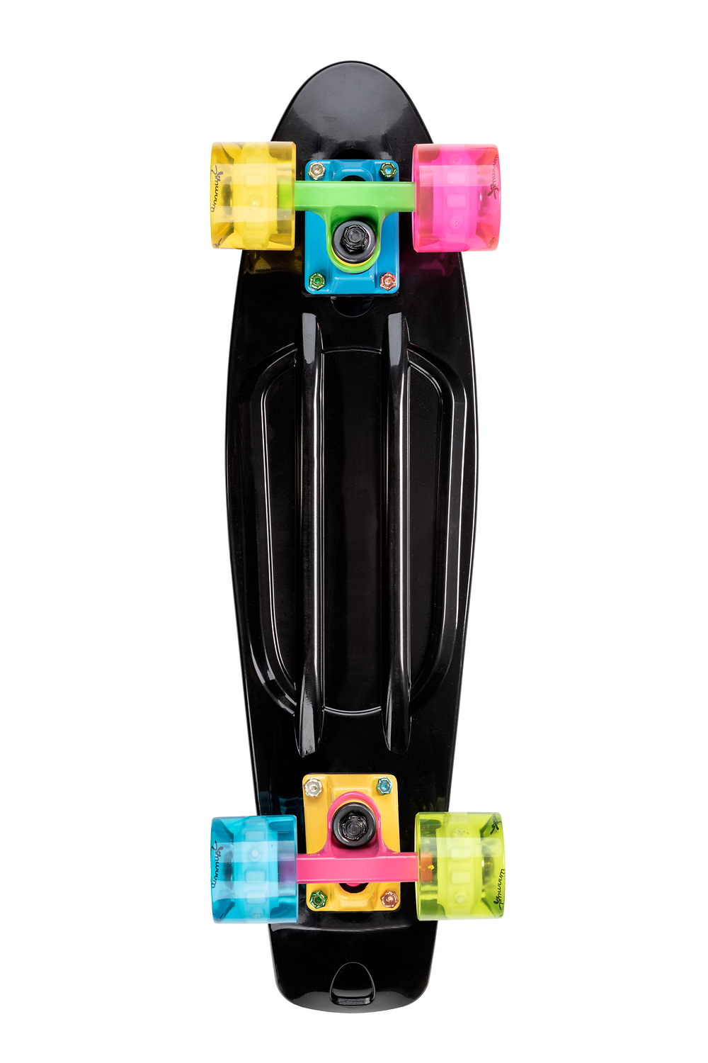 longboard, Skateboard, neon wheels, bunte Trucks, schwarzes Board