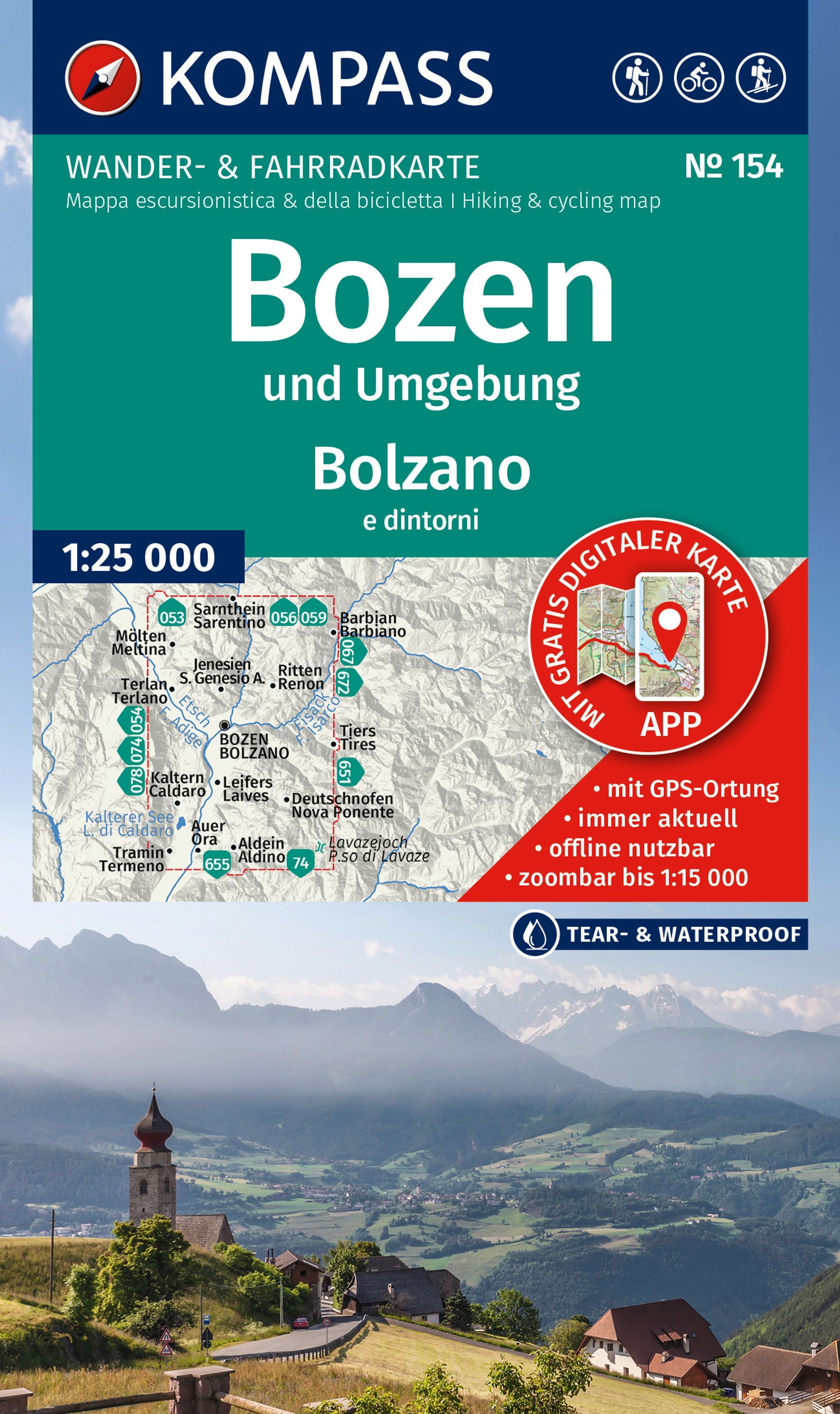 KOMPASS Wanderkarte 154 Bozen und Umgebung Werbung, Plakat, Gebäude, Auto, Gipfel