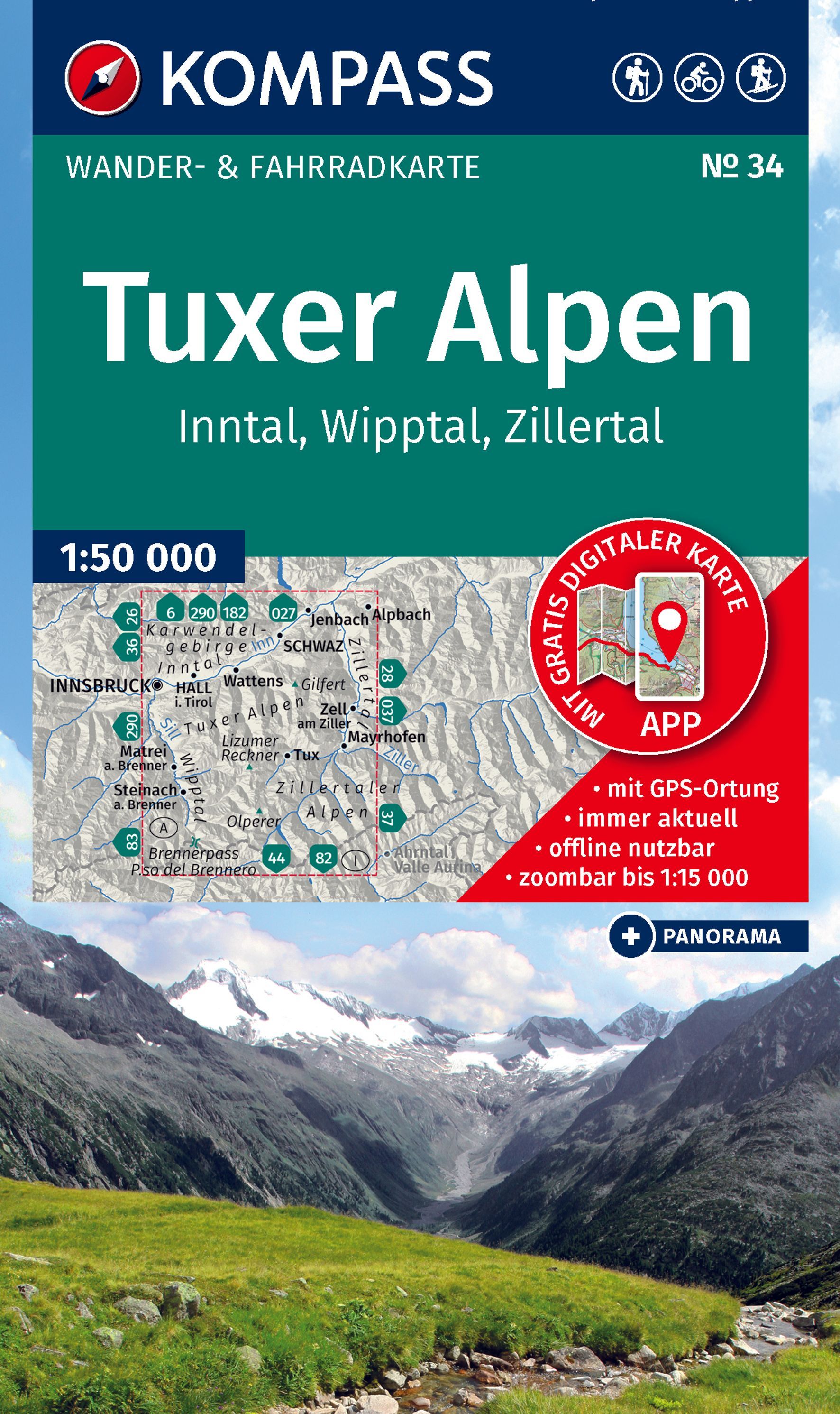 Wanderkarte, Tuxer Alpen, Inntal, Zillertal, Panorama