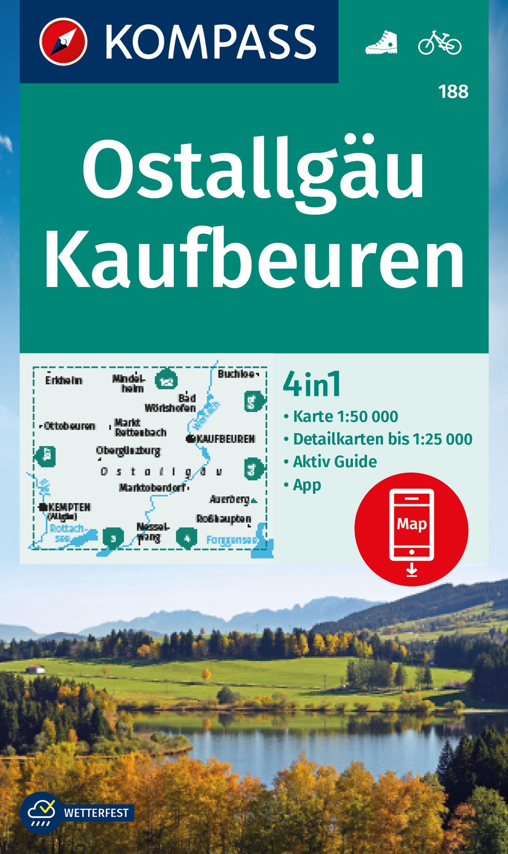 9783991216414 KOMPASS Wanderkarte Ostallgäu, Kaufbeuren, Cover Fluss vor großem Feld mit Wald und Bergen
