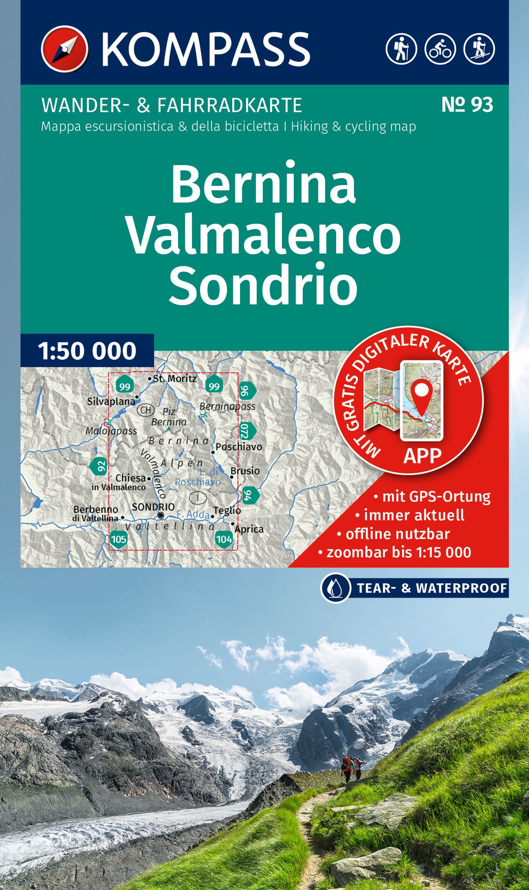 KOMPASS Wanderkarte Bernina, Valmalenco, Sondrio Werbung, Plakat, Natur, Draußen, Gipfel