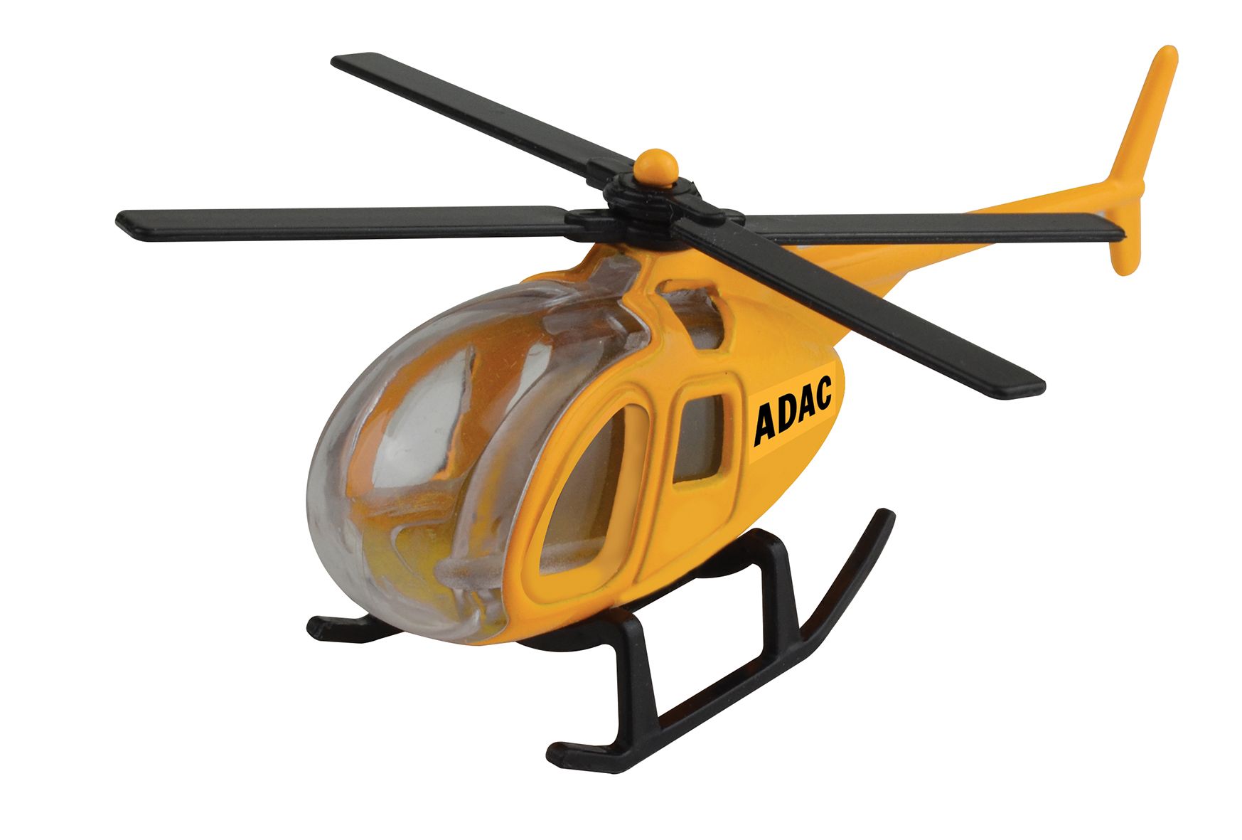 ADAC, Spielzeug-Hubschrauber, gelb, Rotorblätter, schwarz, Kunststoff, kindgerecht, realistisch, transparentes Cockpit.
