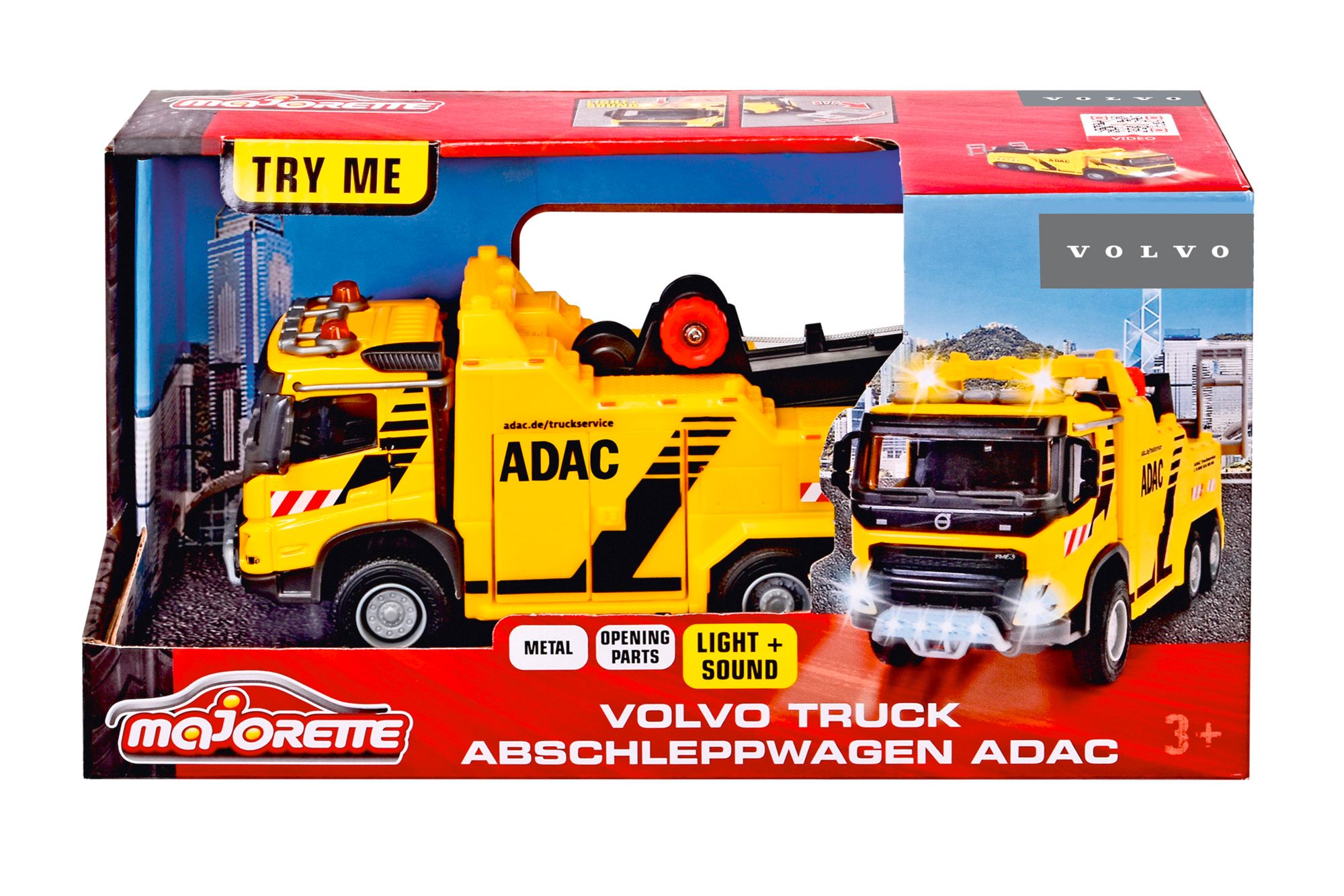 213743002_07_ig_majorette_volvotruckabschleppwagenadac_001 ADAC Volvo Abschleppwagen, Gelb, leuchtende Sirene, in Verpackung