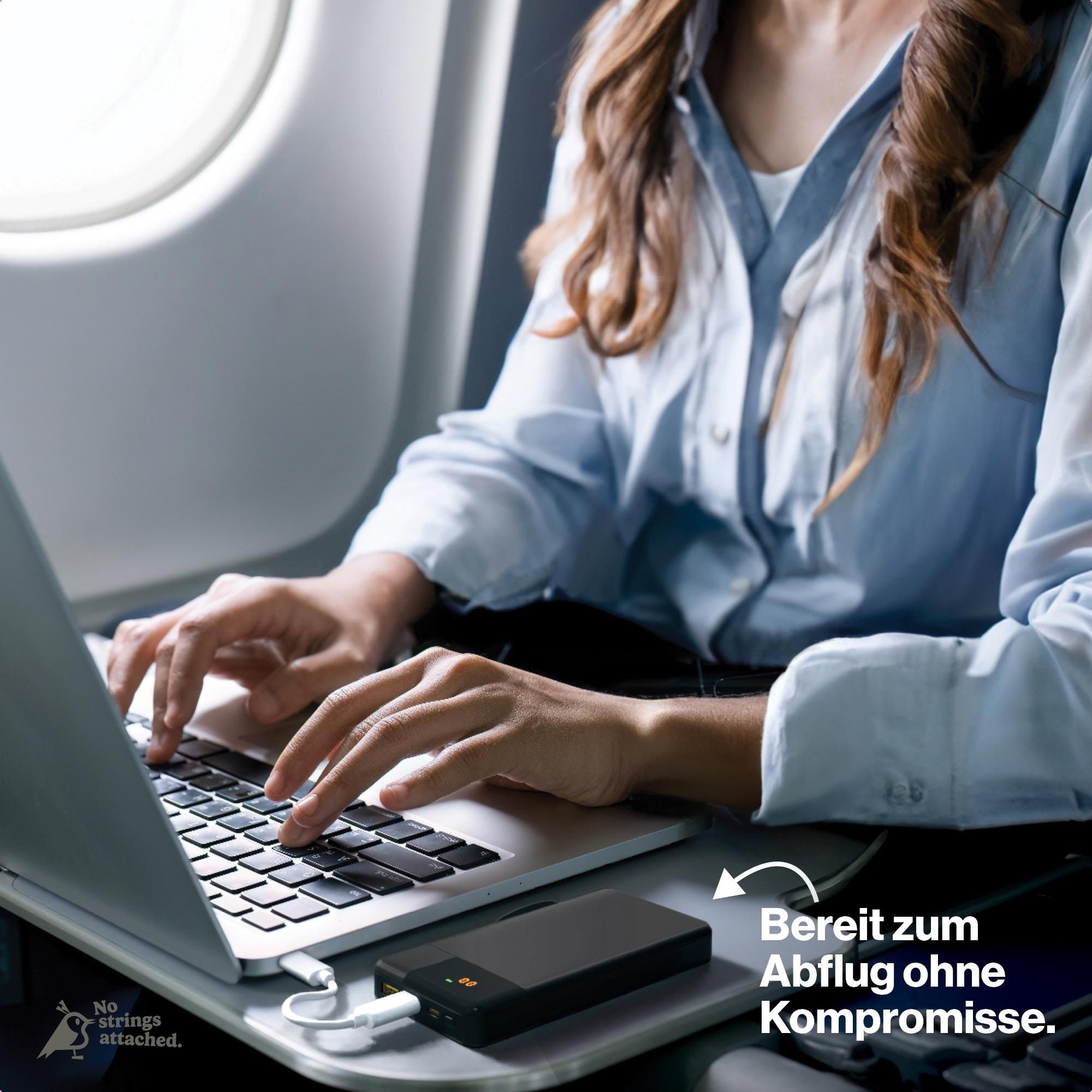 laptop, tippen, flugzeug, passagier, usb-ladegerät