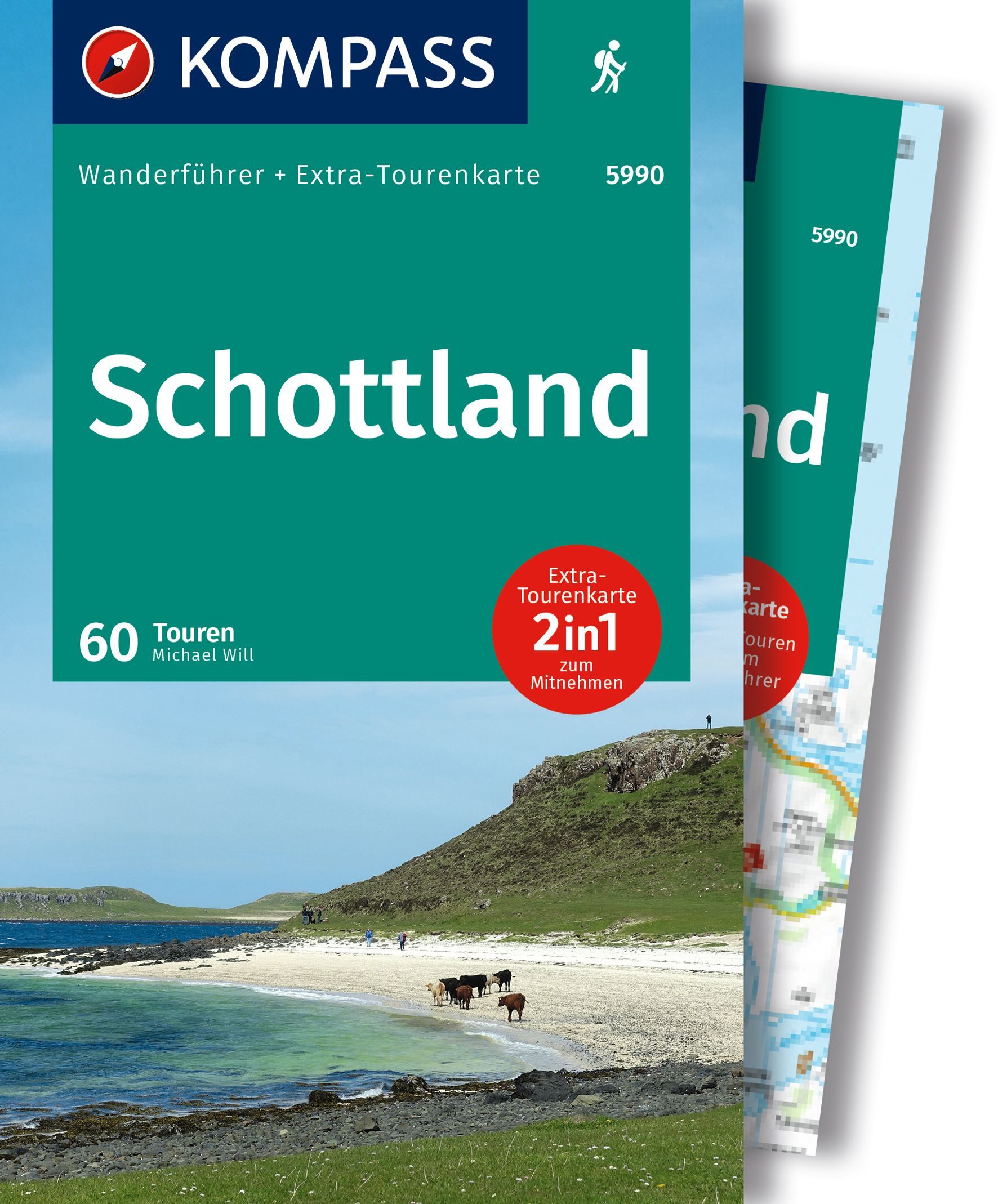 KOMPASS Wanderführer Schottland, 60 Touren Werbung, Plakat, Kuh, Säugetier, Person,