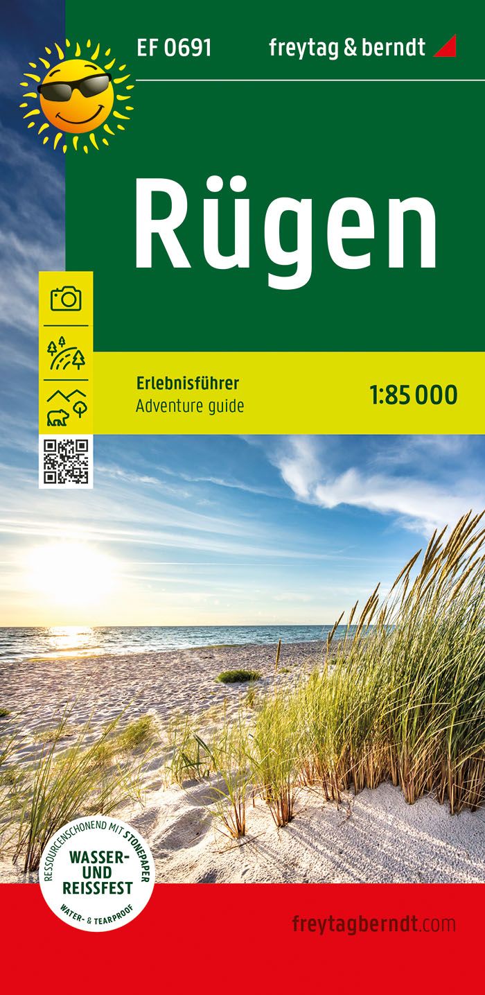 Rügen, Erlebnisführer 1:85.000, freytag & berndt Cover Freytag & Berndt Reiseführer Rügen, Werbung, Plakat, Sommer, Gras, Strand