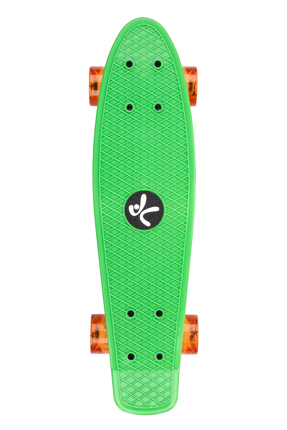 Penny Board, Shortboard, Grünes Deck, Kunststoff-Skateboard, Orangene Rollen