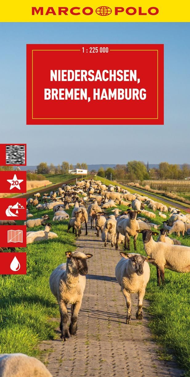 MARCO POLO Reisekarte Deutschland 03 Niedersachsen Cover Marco Polo Reisekarte Detuschland Niedersachen. Schafe auf einem Weg gesäumt von Gras