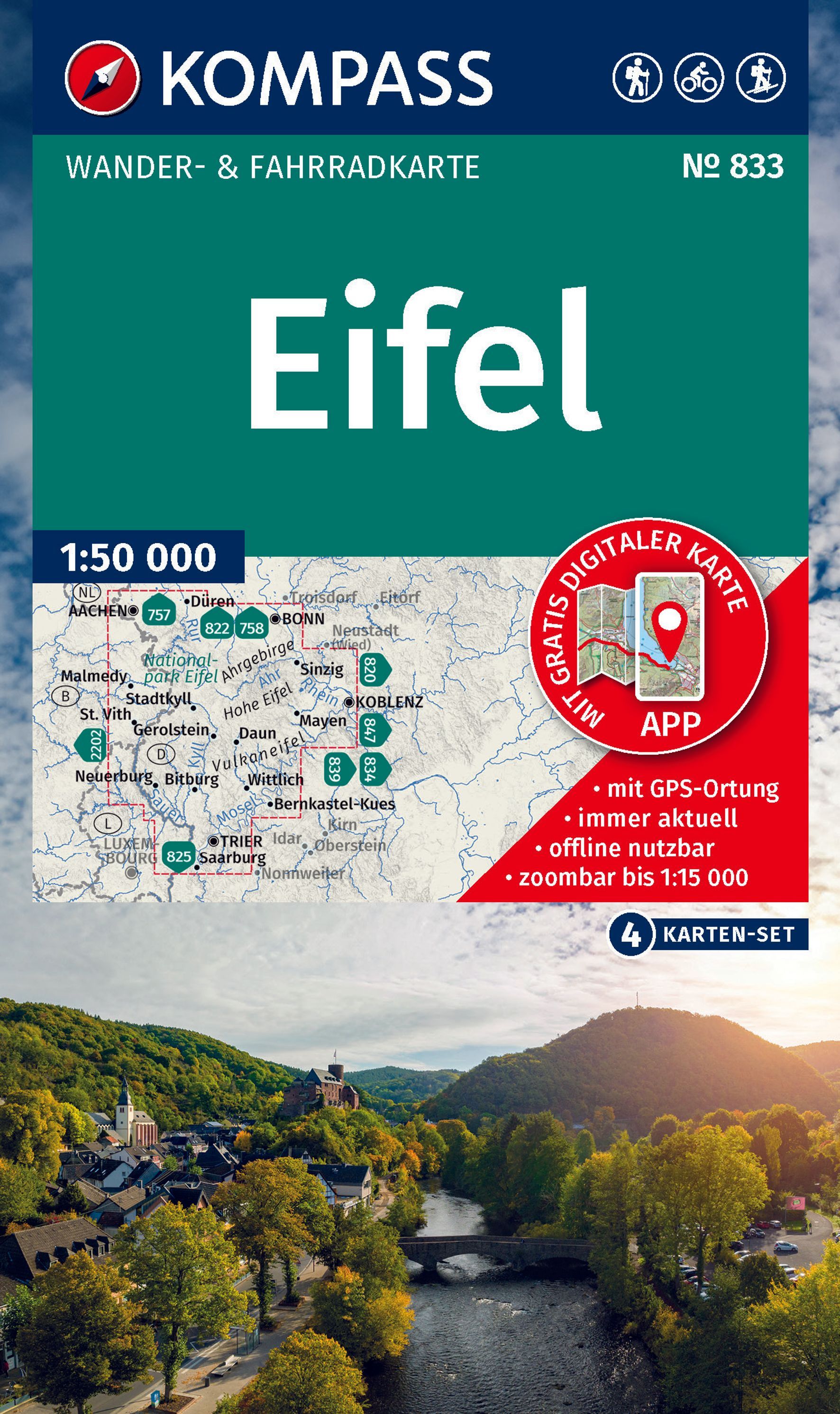 KOMPASS Wanderkarten-Set 833 Eifel (4 Karten) Werbung, Plakat, Architektur, Gebäude, Auto