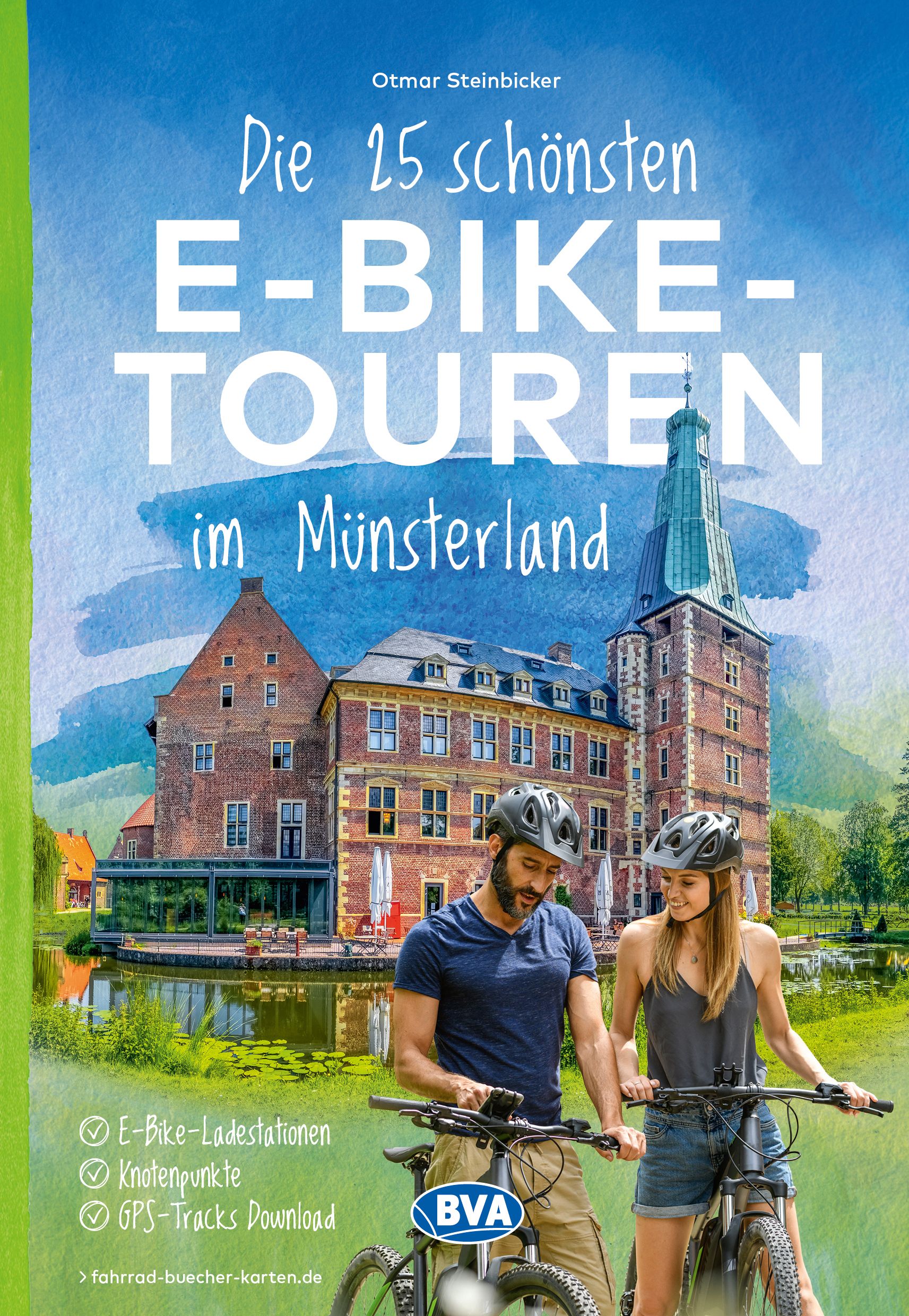 9783969901373 Die 25 schönsten E-Bike Touren im Münsterland, Cover 2 Radfahrer vor Aquarell Hintergrund mit altem Gebäude und Fluss davor
