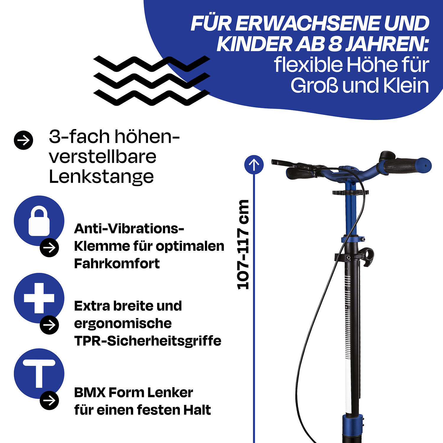 Fahrradpumpe, Lenkstange, Höhenverstellbar, TPR-Sicherheitsgriffe, BMX Form Lenker
