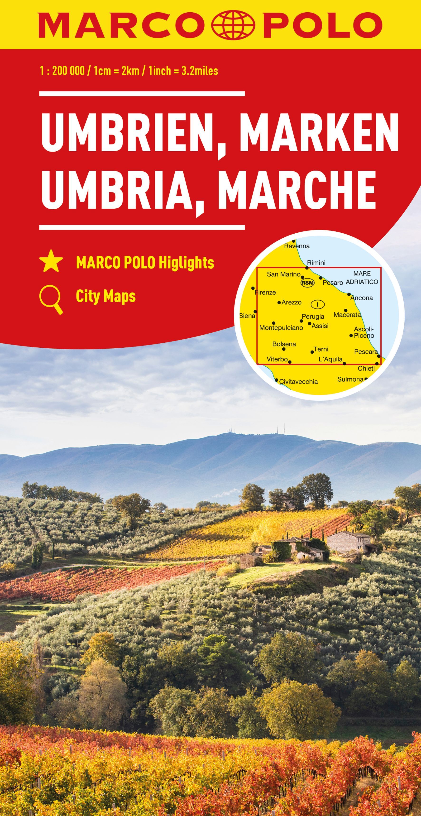 9783575016652 MARCO POLO Regionalkarte Italien 08 Umbrien,Marken, Cover Landschaft mit vielen Sträuchern und Feldern