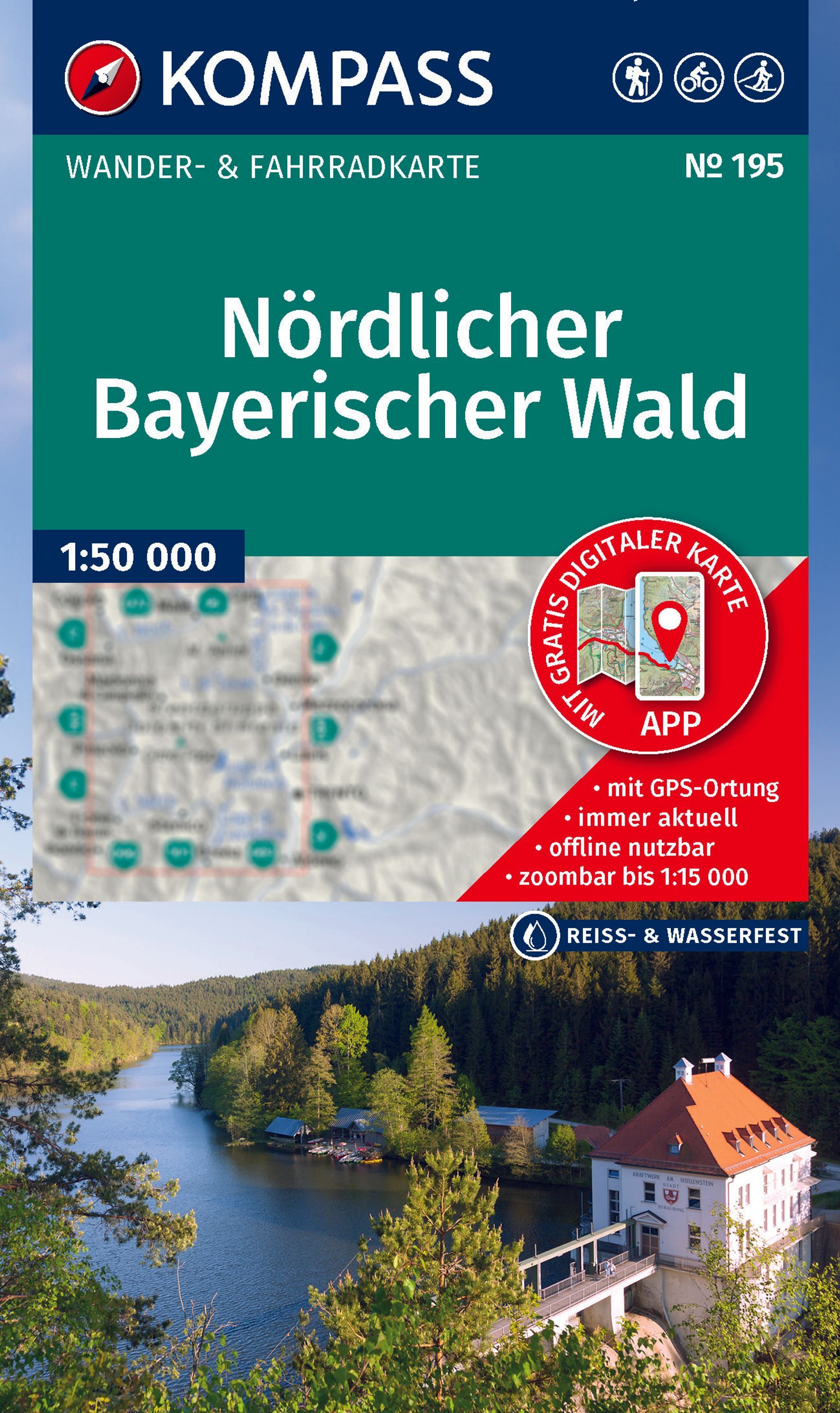 KOMPASS Wanderkarte Nördlicher Bayerischer Wald Werbung, Plakat, Wasser, Uferpromenade, Gebäude