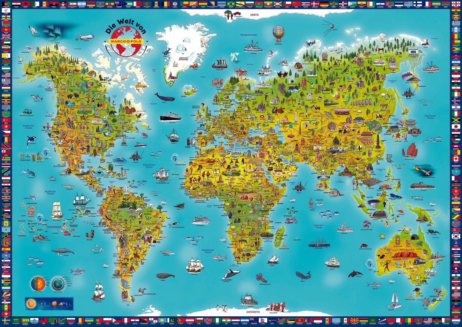 Weltkarte, Kartografie, Illustration, Flächenkartierung, Flags border
