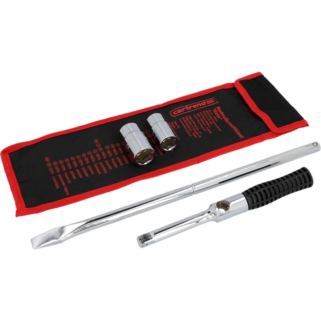 Radmutterschlüssel, Transporttasche Schwarz/Rot, Zwei Steckschlüsselaufsätze