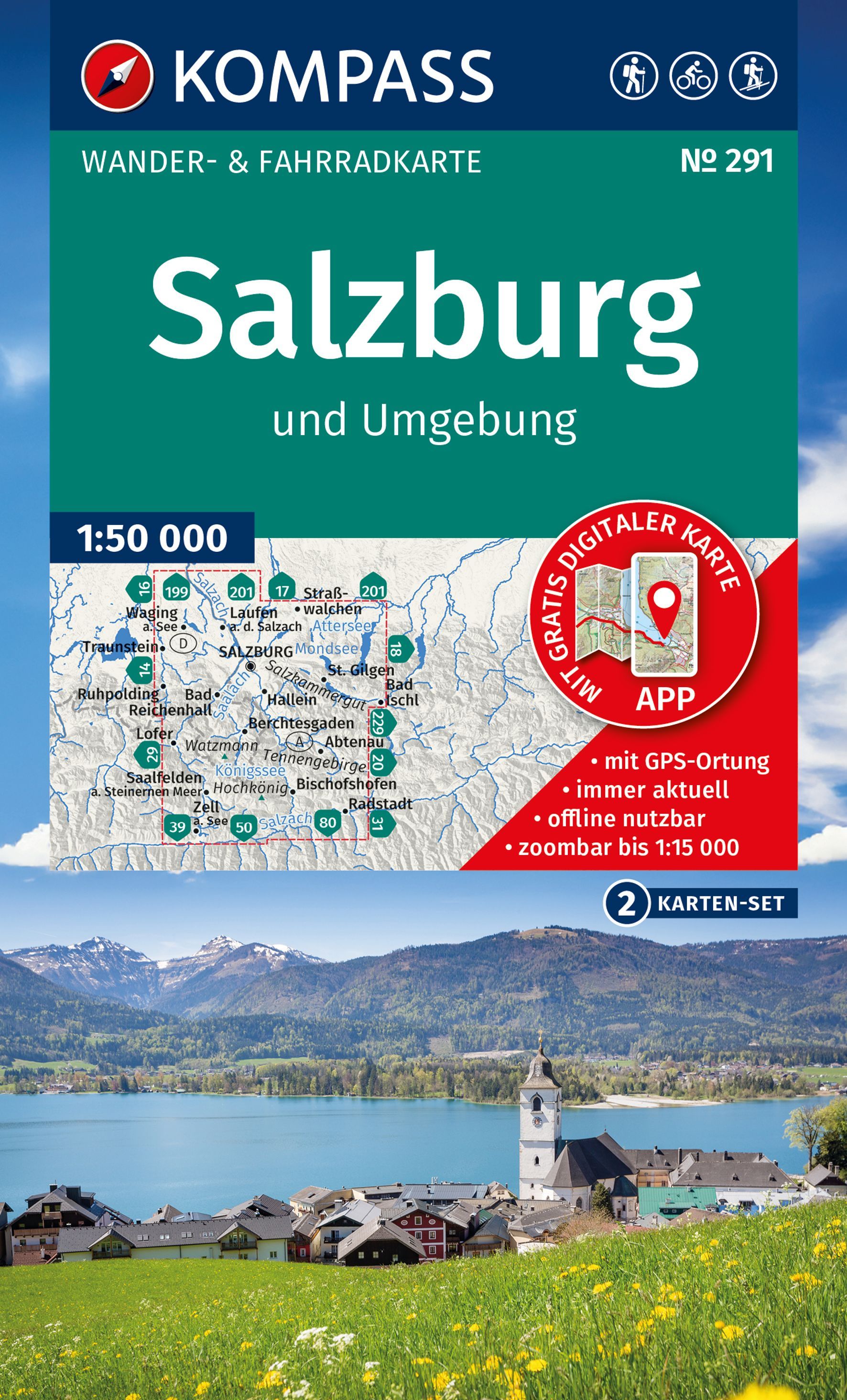 KOMPASS Wanderkarten-Set 291 Salzburg und Umgebung Werbung, Plakat, Uferpromenade, Natur, Draußen
