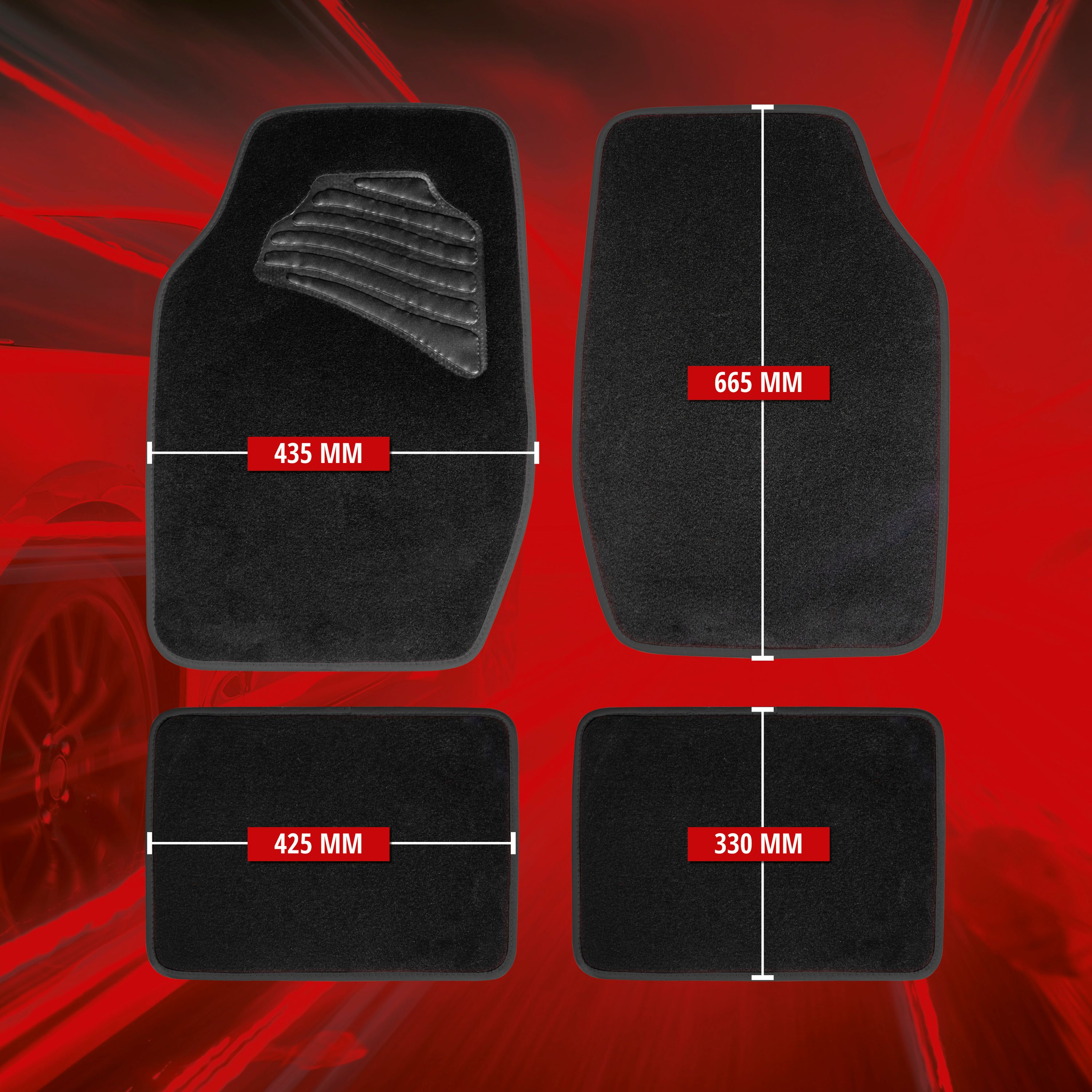 Autoteppich Set, 4 teilig schwarz, mit jeweiligen Abmessungen