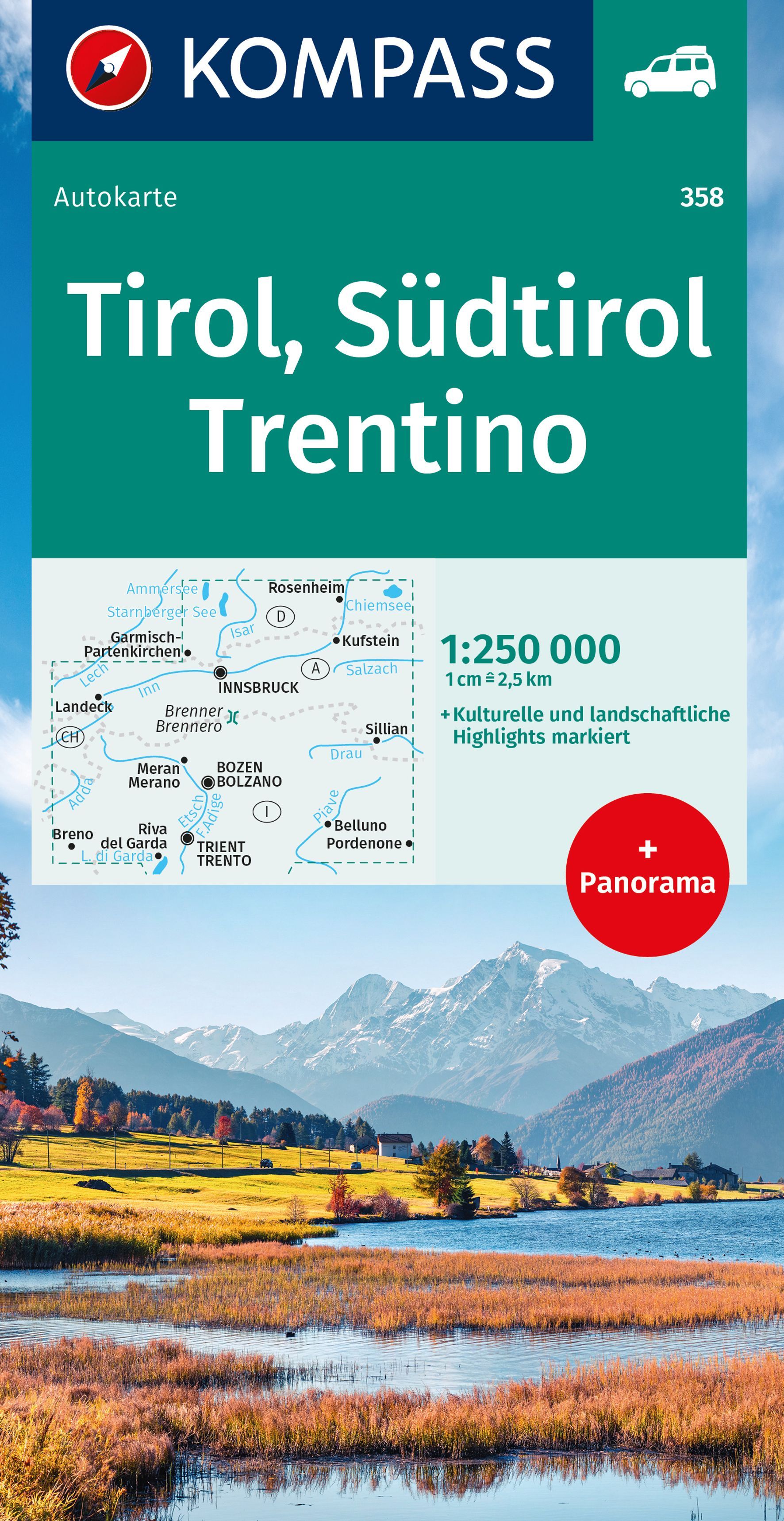 9783991540236 Cover Kompass Autokarte Tirol, Südtirol, Trentino