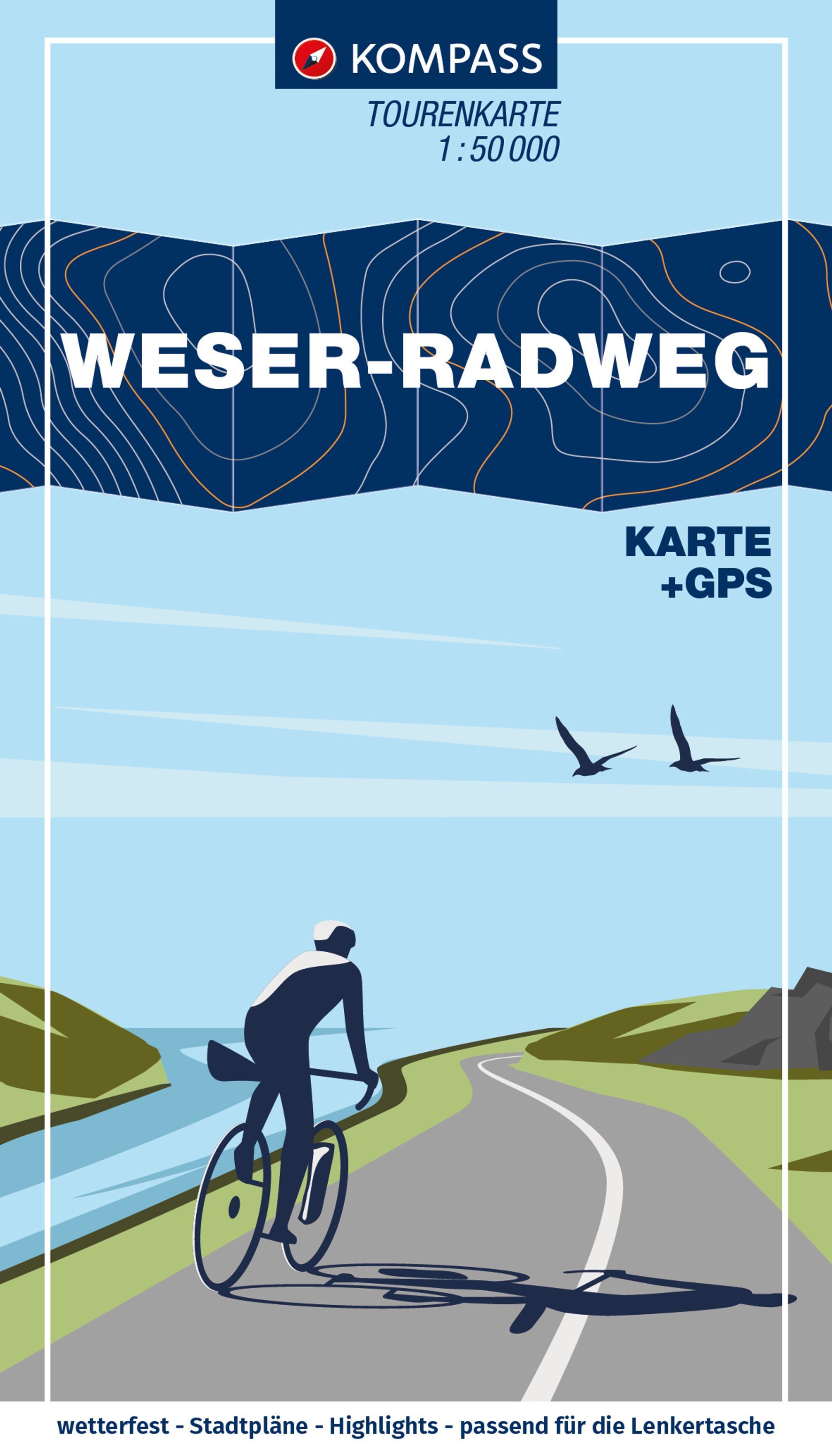 KOMPASS Fahrrad-Tourenkarte Weser-Radweg 1:50.000 Werbung, Plakat, Person, Vogel, Radfahren