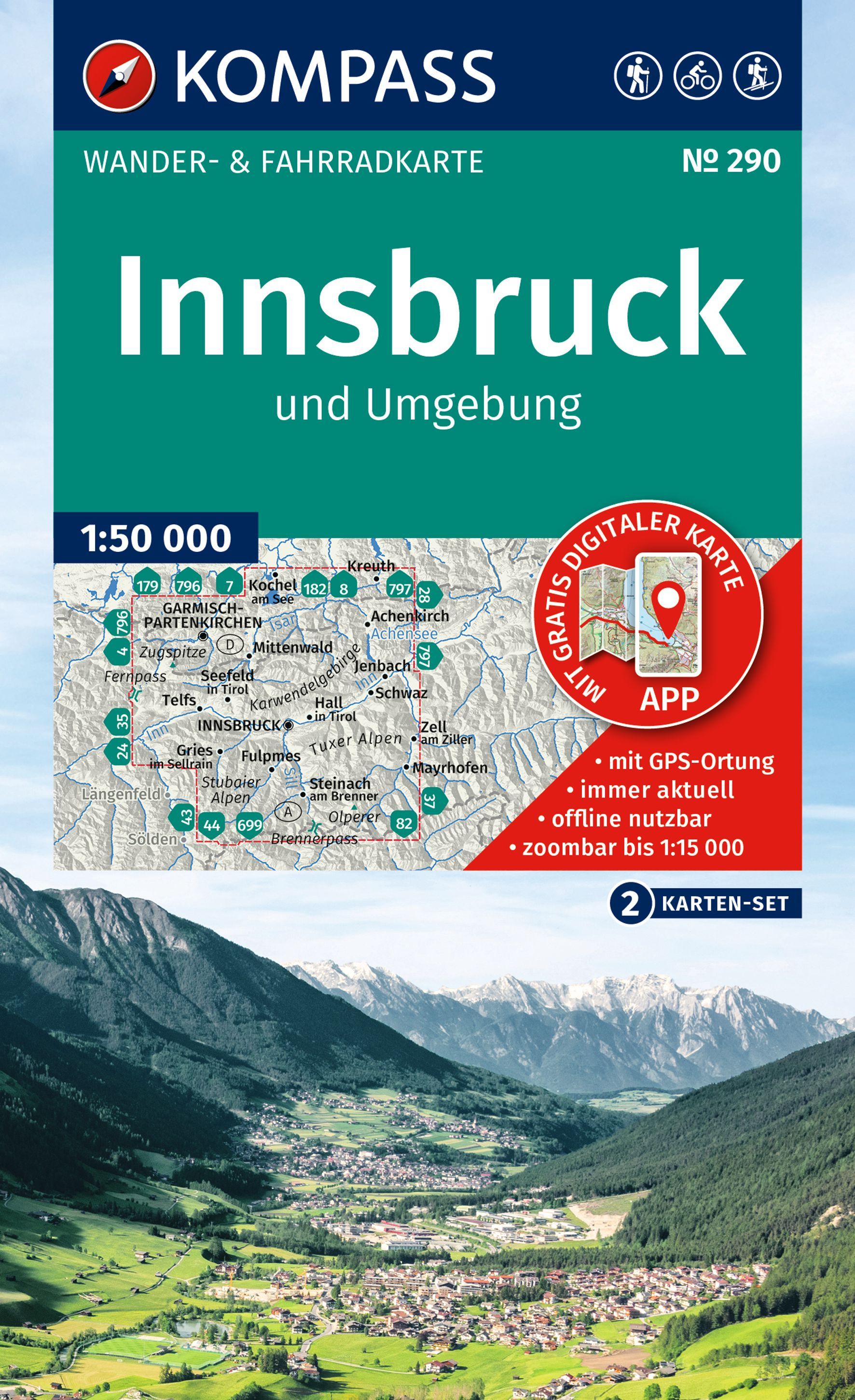KOMPASS Wanderkarten-Set 290 Innsbruck & Umgebung Cover Tal Berge und weiße Bergspitzenarte, Papier, Text