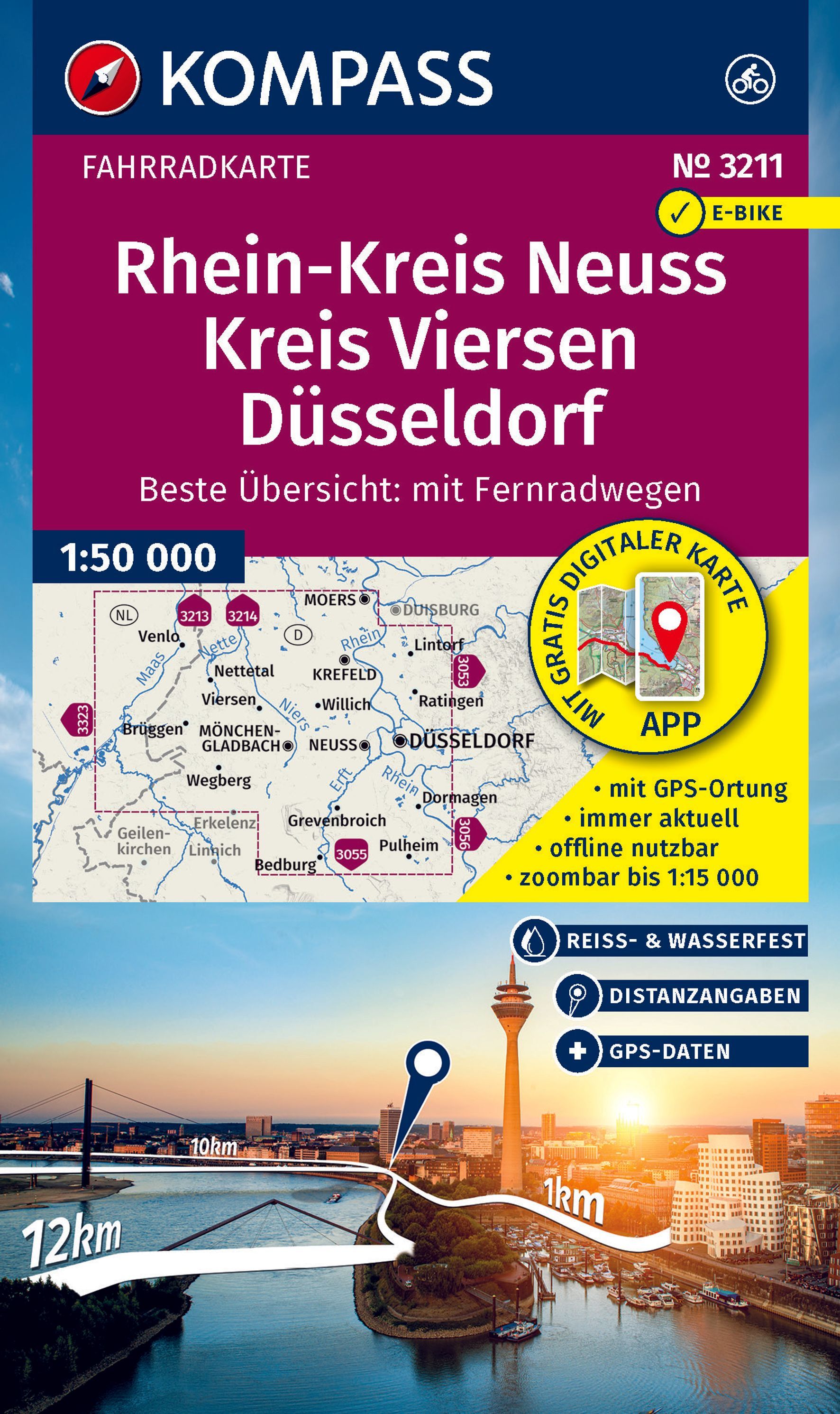 KOMPASS Fahrradkarte 3211 Rhein-Kreis Neuss Werbung, Plakat, Wasser, Uferpromenade
