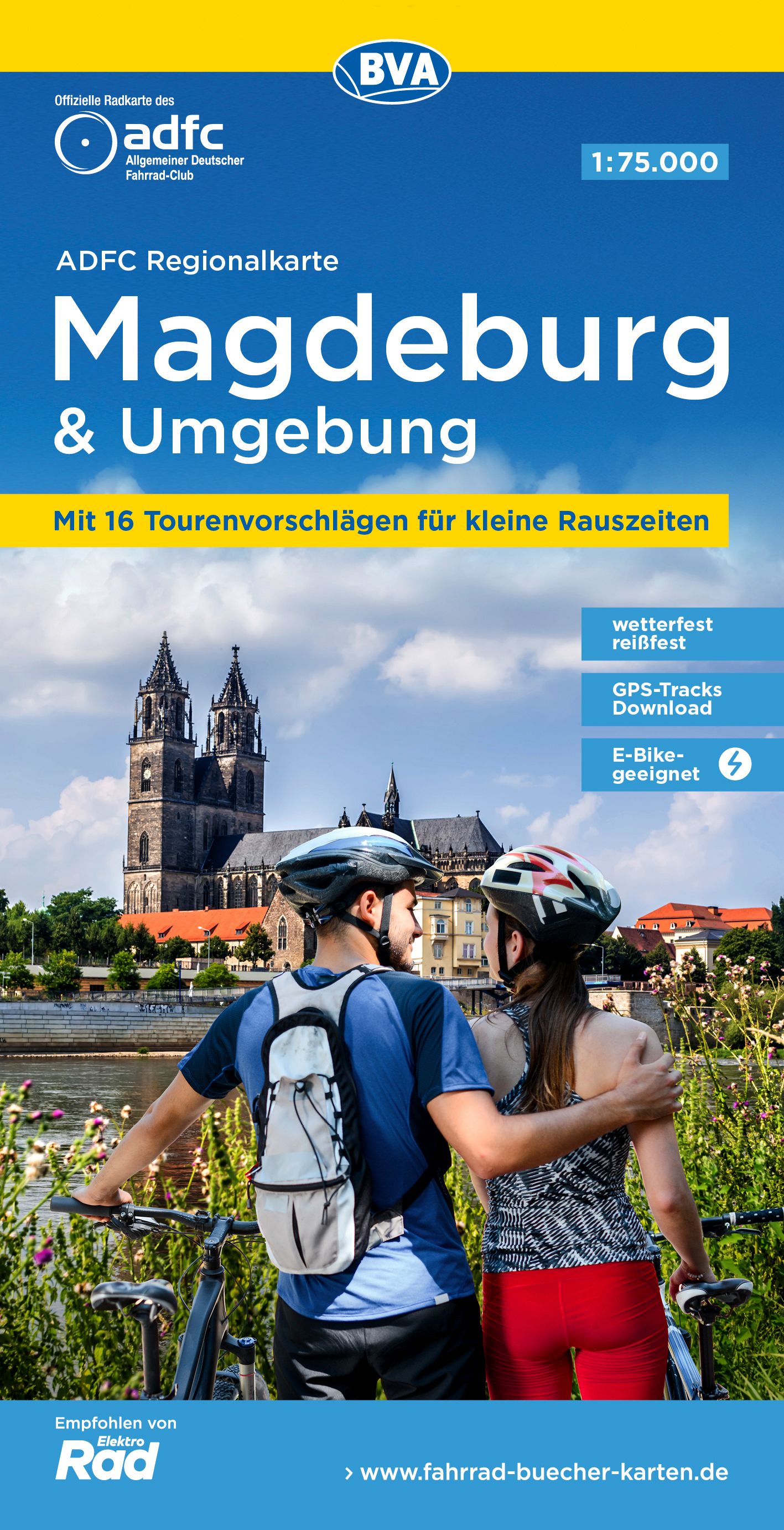 9783969900871 Fahrradreiseführer Magdeburg und Umgebung mit Radfahrerpaar im Fokus und Kirche im Hintergrund