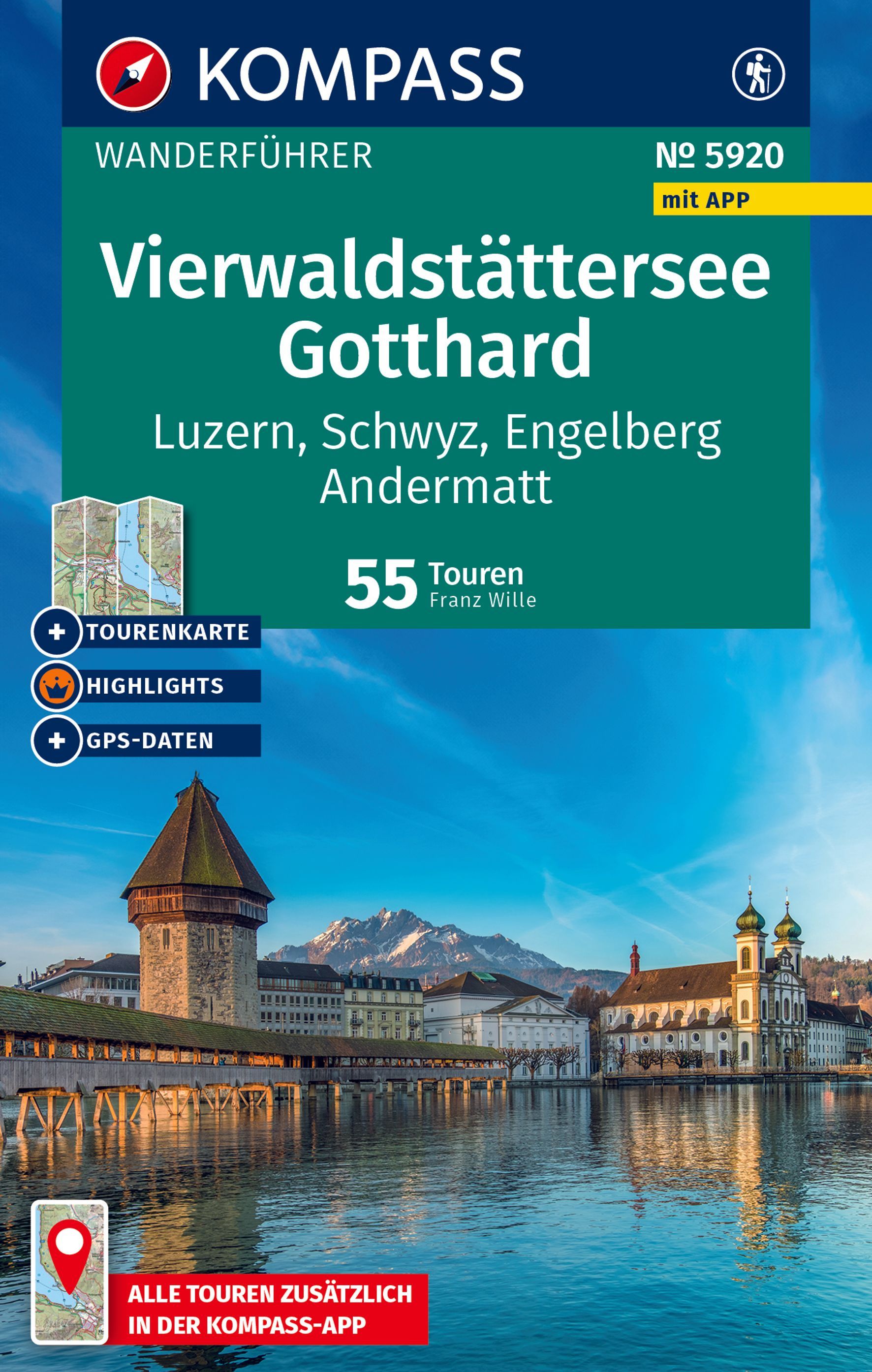 KOMPASS Wanderführer Vierwaldstättersee, Gotthard Werbung, Plakat, Wasser, Uferpromenade