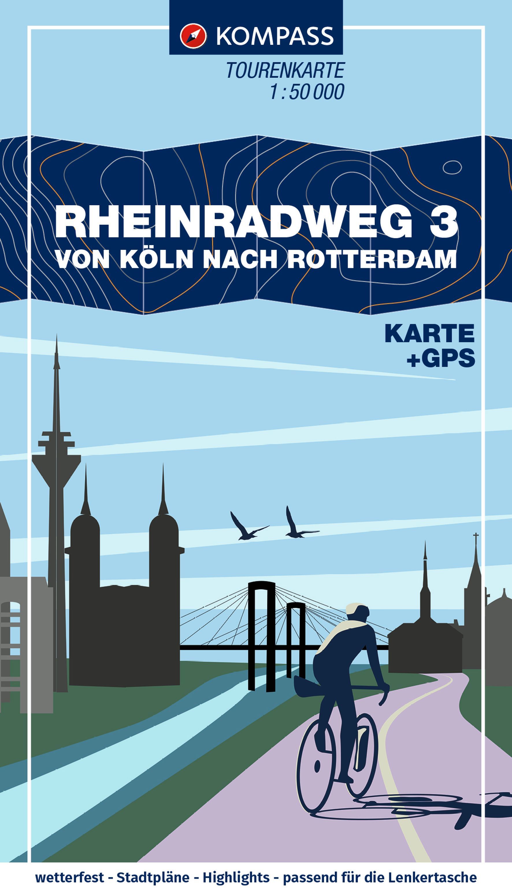 KOMPASS Fahrrad-Tourenkarte Rheinradweg 3 Werbung, Plakat, Person, Rad, Vogel