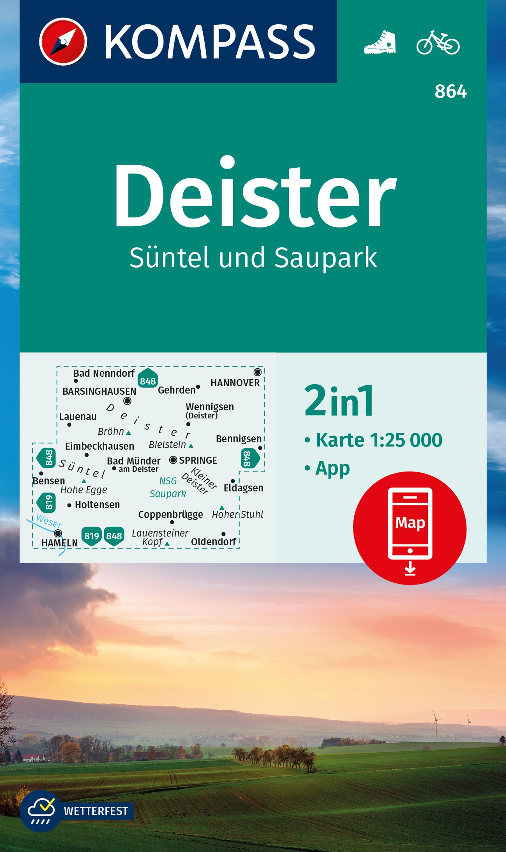 9783991215844 KOMPASS Wanderkarte Deister, Süntel und Saupark, Feld mit nebligen Wald im Hintergrund