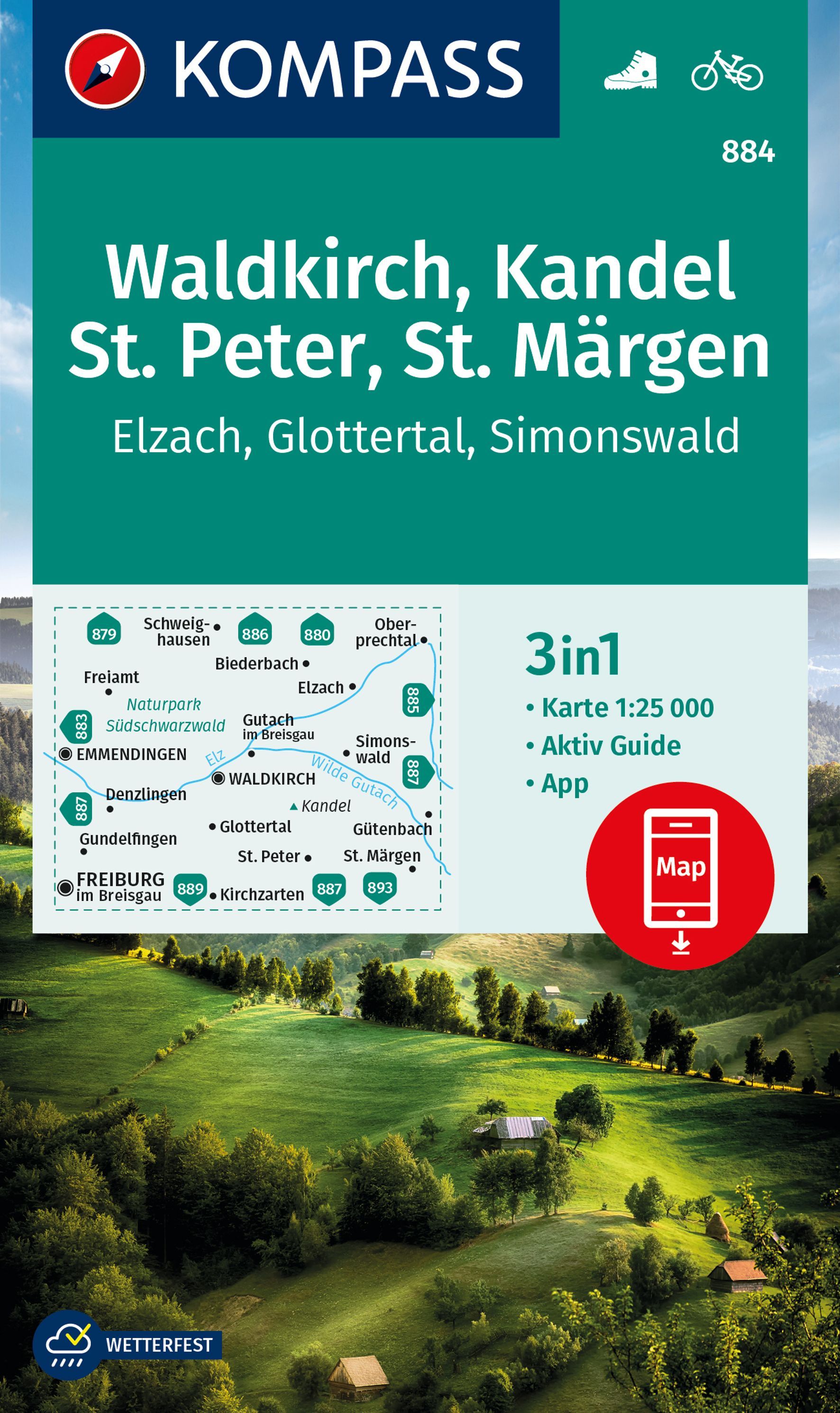 9783991215790y3XY455Tgpxrr KOMPASS Wanderkarte Waldkirch, Kandel, St.Peter, Grüne Wiesen mit Bäumen