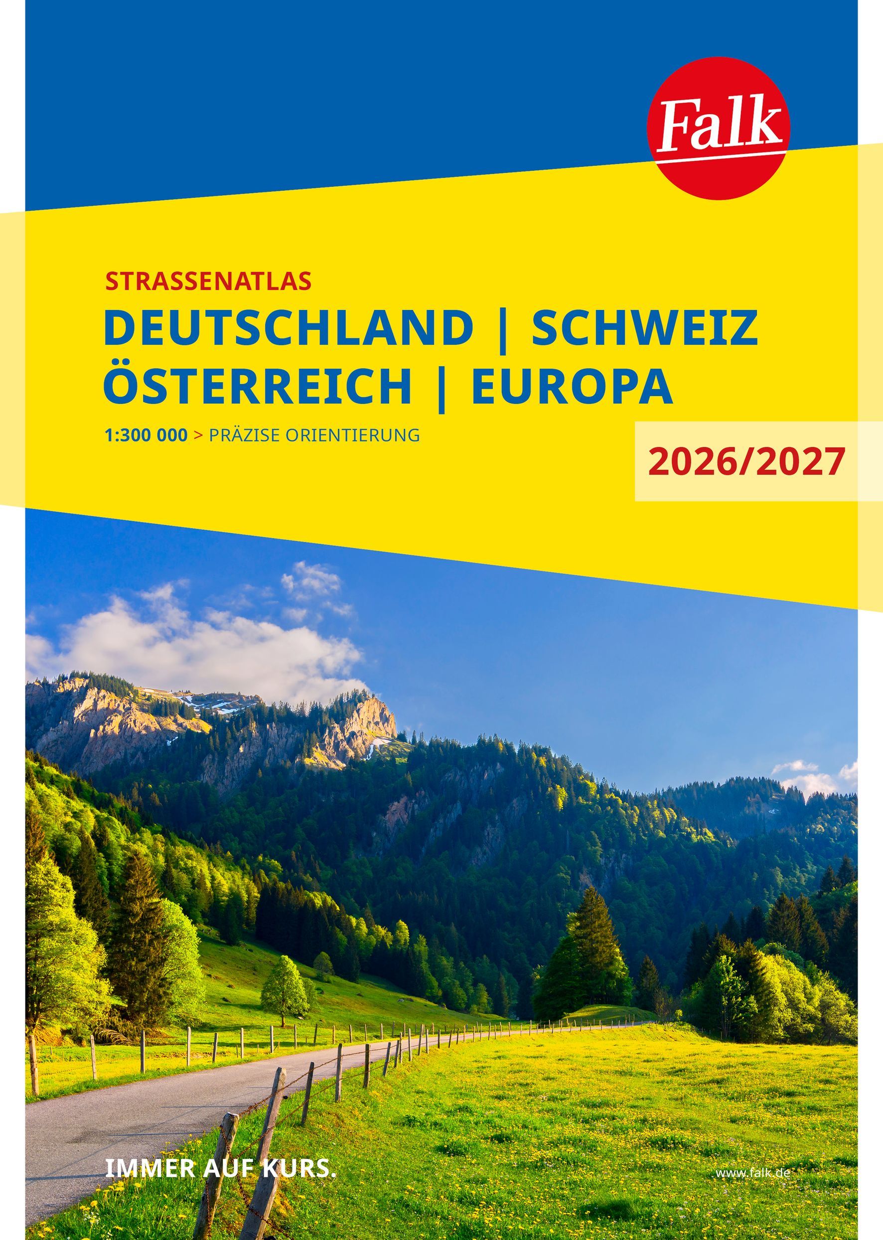 Falk Straßenatlas Deutschland-CH-A 2026/2027 Cover Falk Straßenatlas Deutschland Schweiz Österreich. We, grüne Wiese Berge im Hintergrund