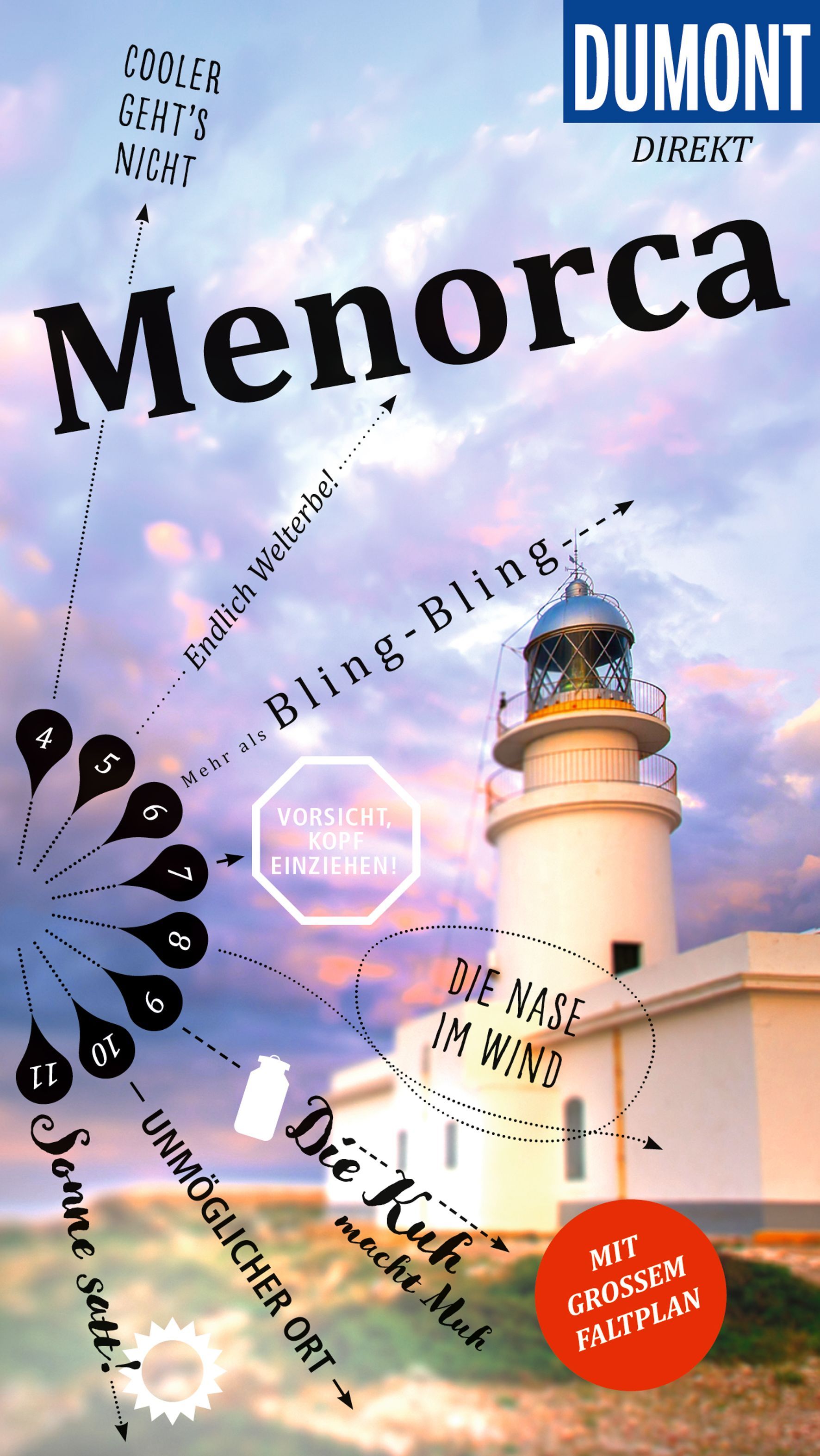 DuMont direkt Reiseführer Menorca Cover Dumont direkt Reiseführer Menorca. Himmel mit Wolken in blau und lila. Leuchtturm und davor Wiese