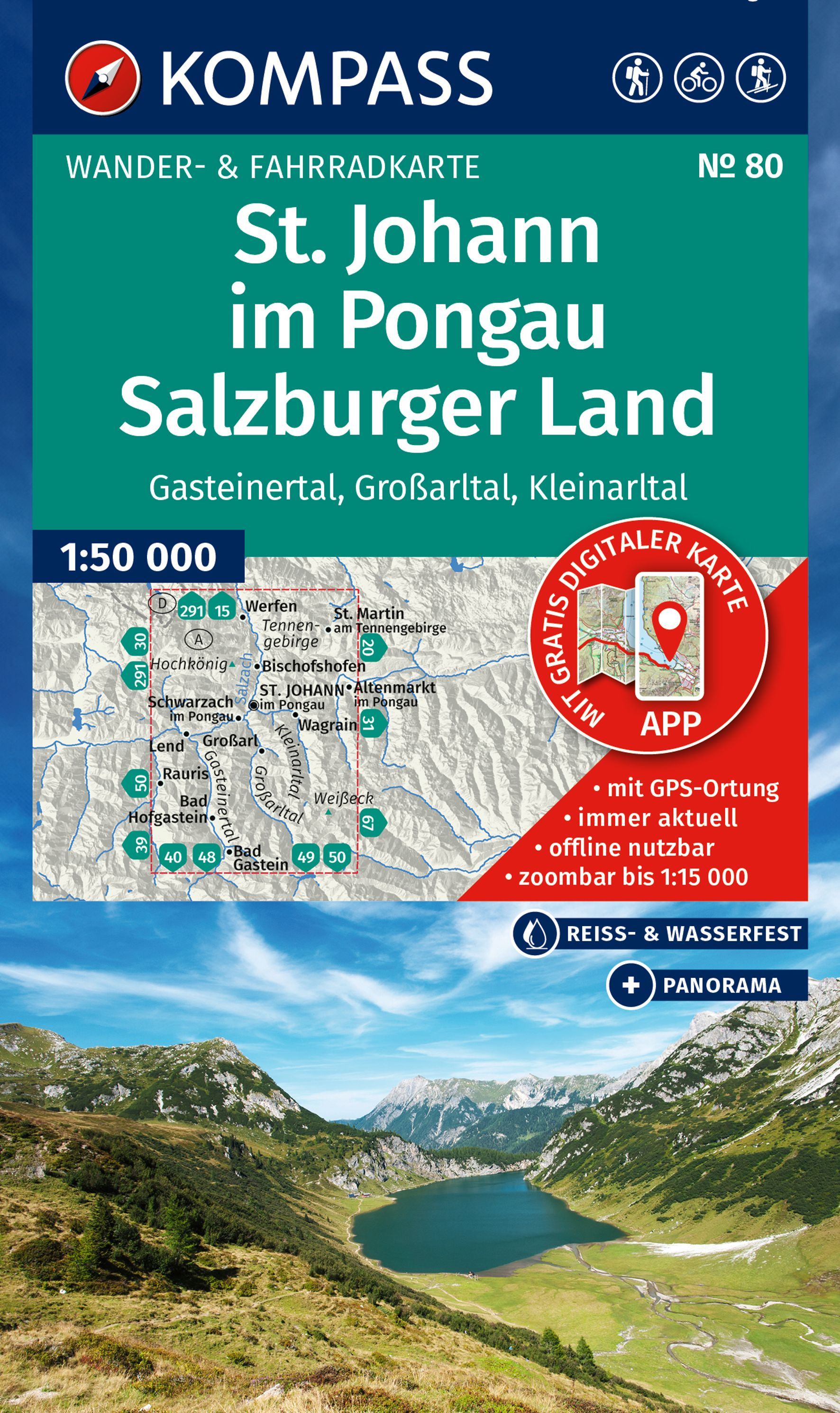 KOMPASS Wanderkarte 80 St. Johann im Pongau Werbung, Plakat, Draußen, Natur