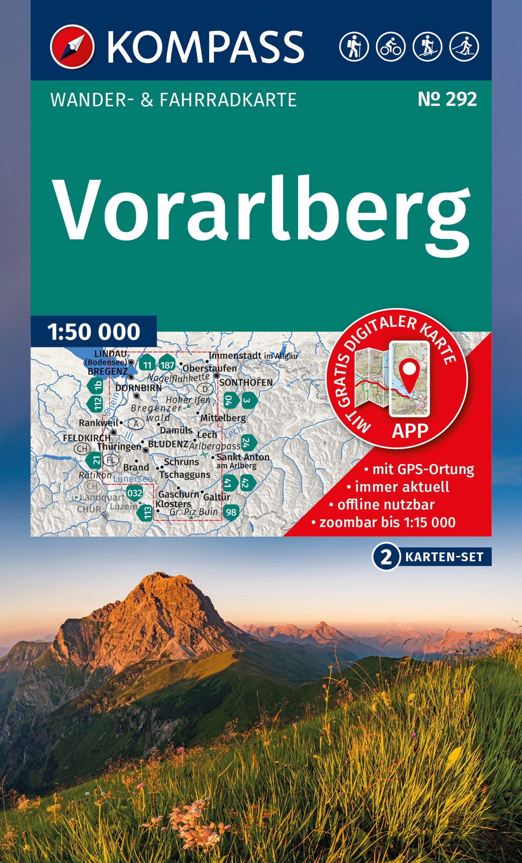 KOMPASS Wanderkarten-Set 292 Vorarlberg Werbung, Plakat, Natur, Draußen, Gipfel