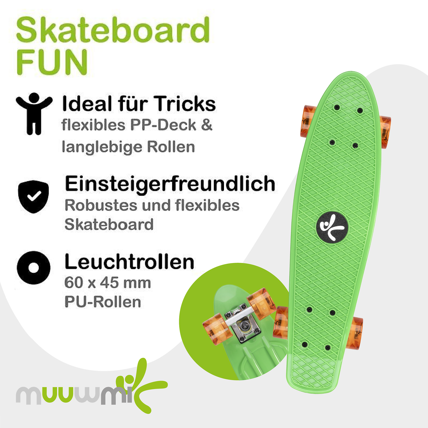  skateboard,  PU-Rollen, 60 x 45 mm, LED, flexibles PP-Deck