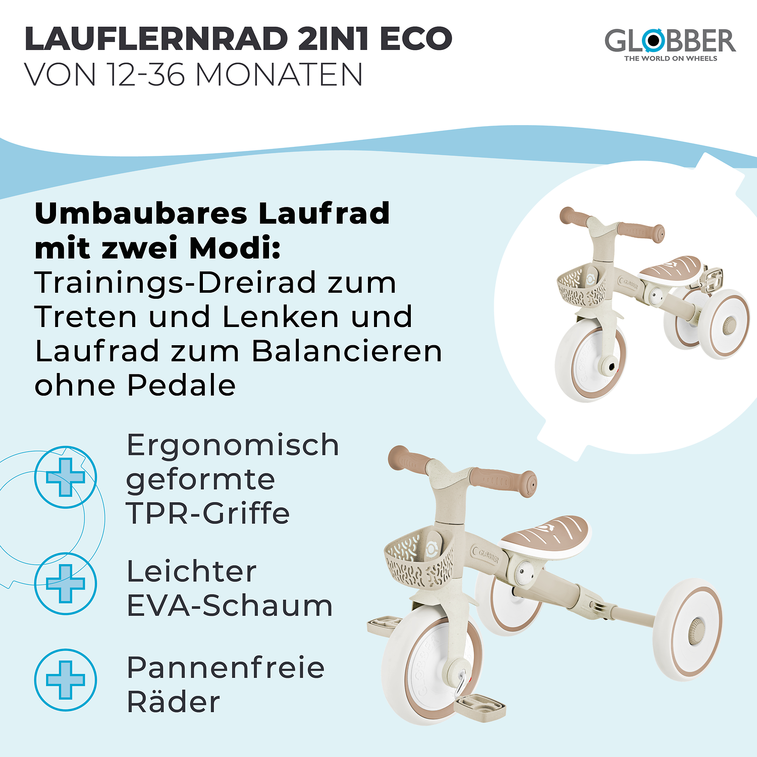 Kinderfahrrad, Laufrad, 2-in-1, Trottinett, EVA-Schaum