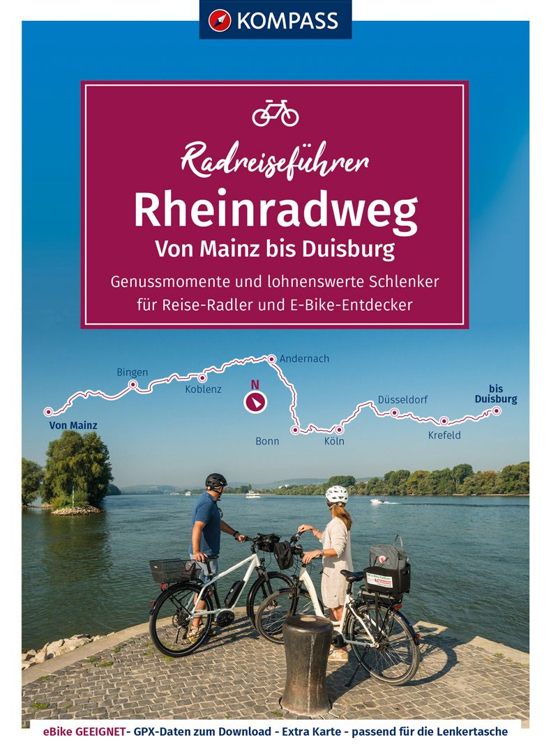 9783991213246 KOMPASS RadReiseFührer Rheinradweg Mainz Duisburg, zwei Personen die vom Ufer aus in die ferne starren mit Ihren Fahrrädern