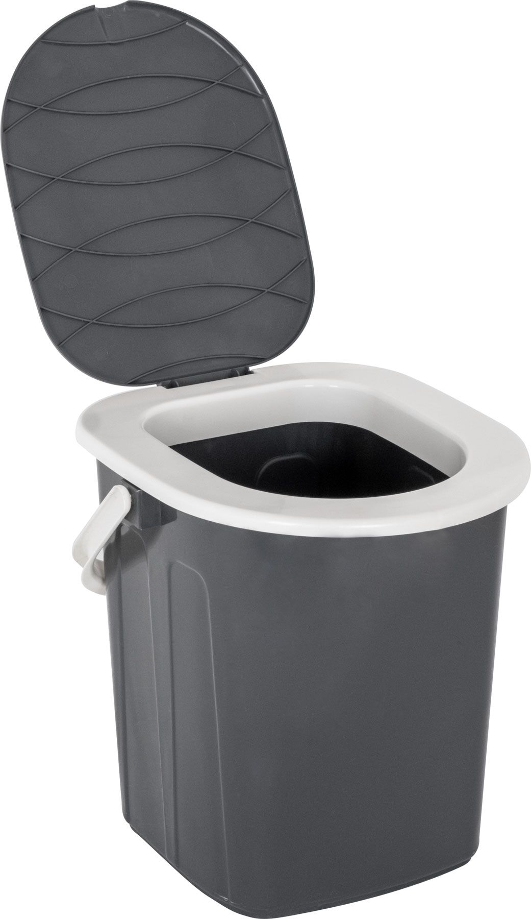 995778011 Brunner Eimertoilette Optipot. Grau Schwarz mit Weißem Sitz. geöffnet