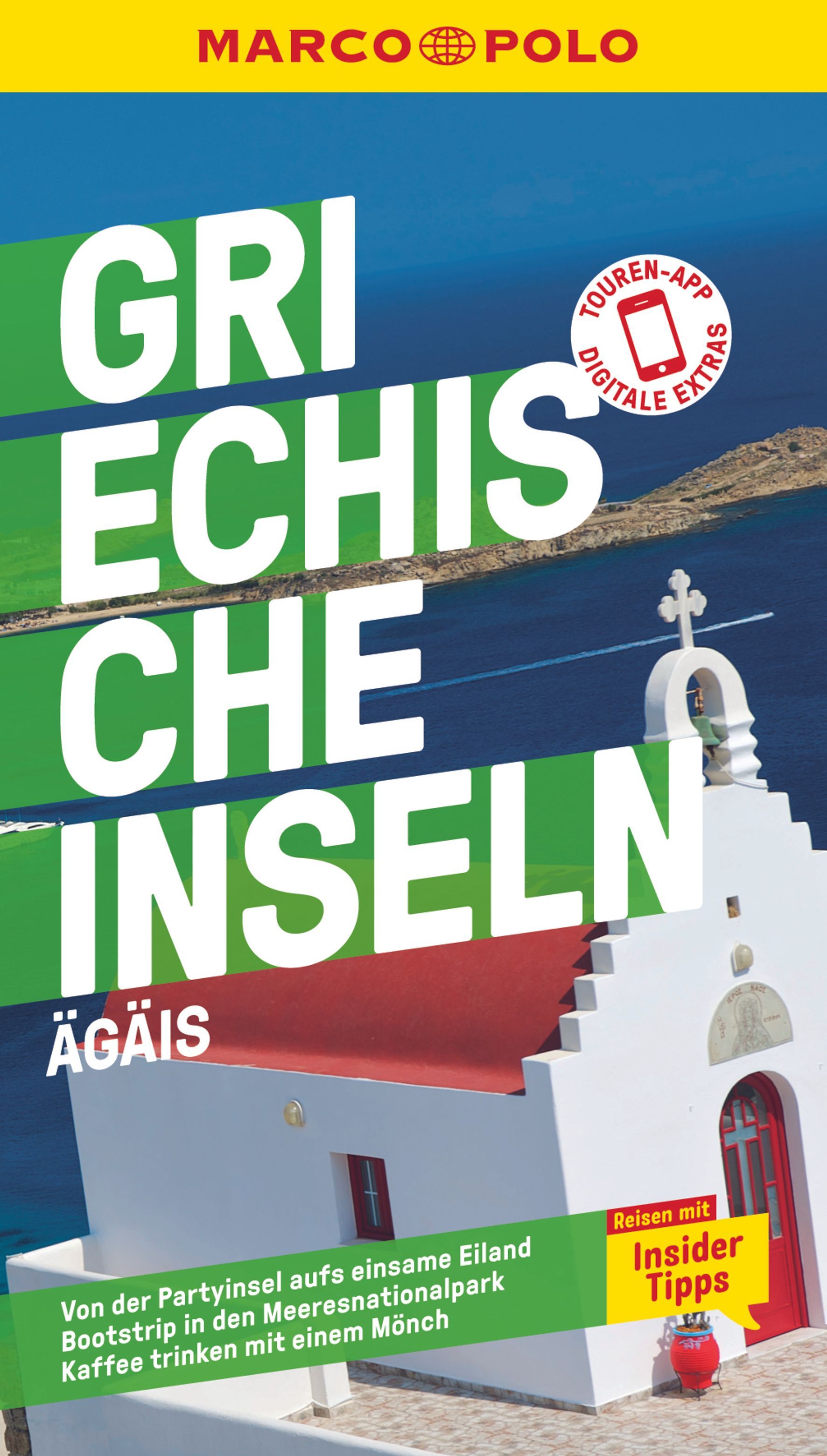 9783829719858 MARCO POLO Reiseführer Griechische Inseln, Ägäis, Cover kleine weiße Kirche mit rotem Dach vor dem Meer