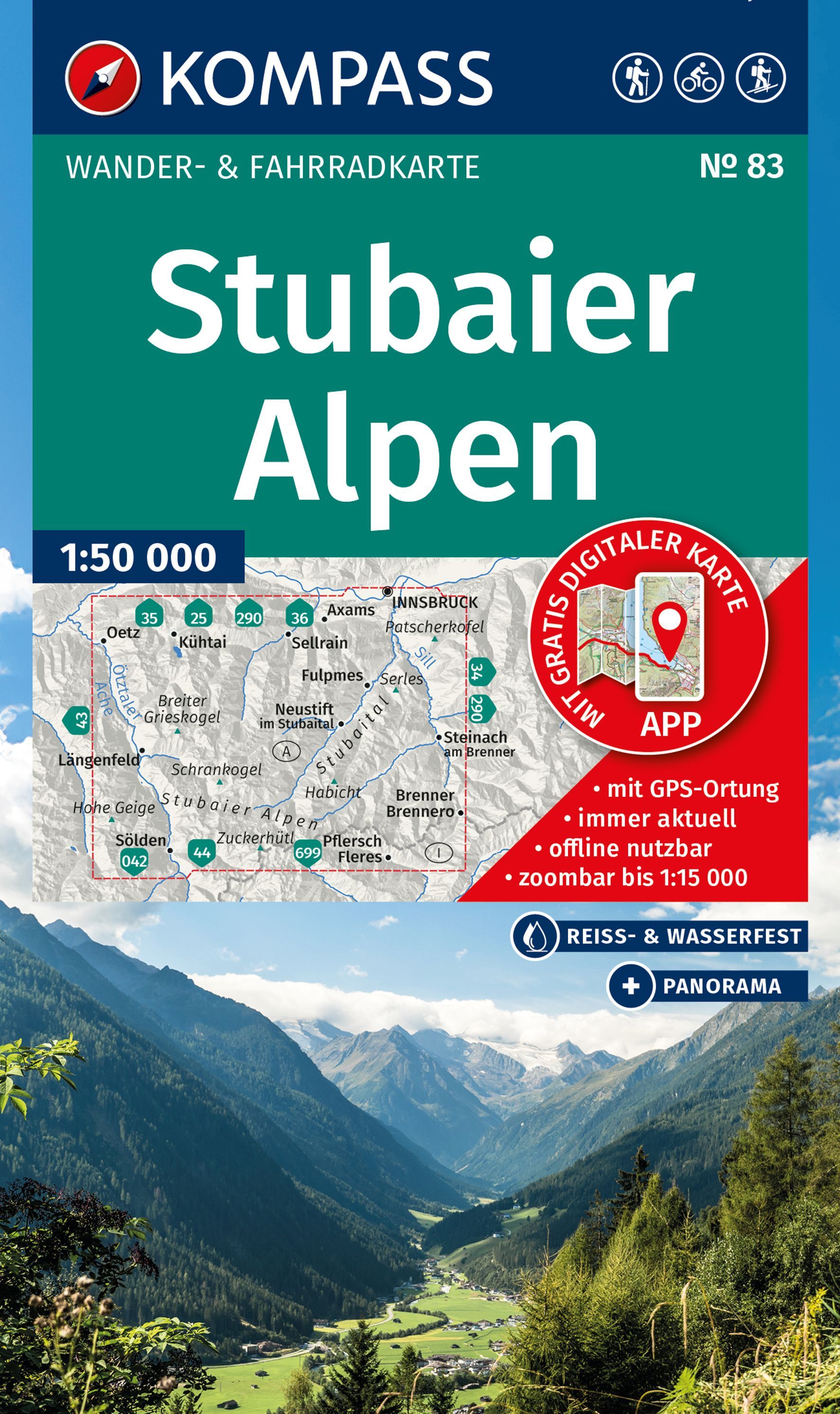 KOMPASS Wanderkarte 83 Stubaier Alpen 1:50.000 Werbung, Plakat, Berg, Draußen, Gipfel