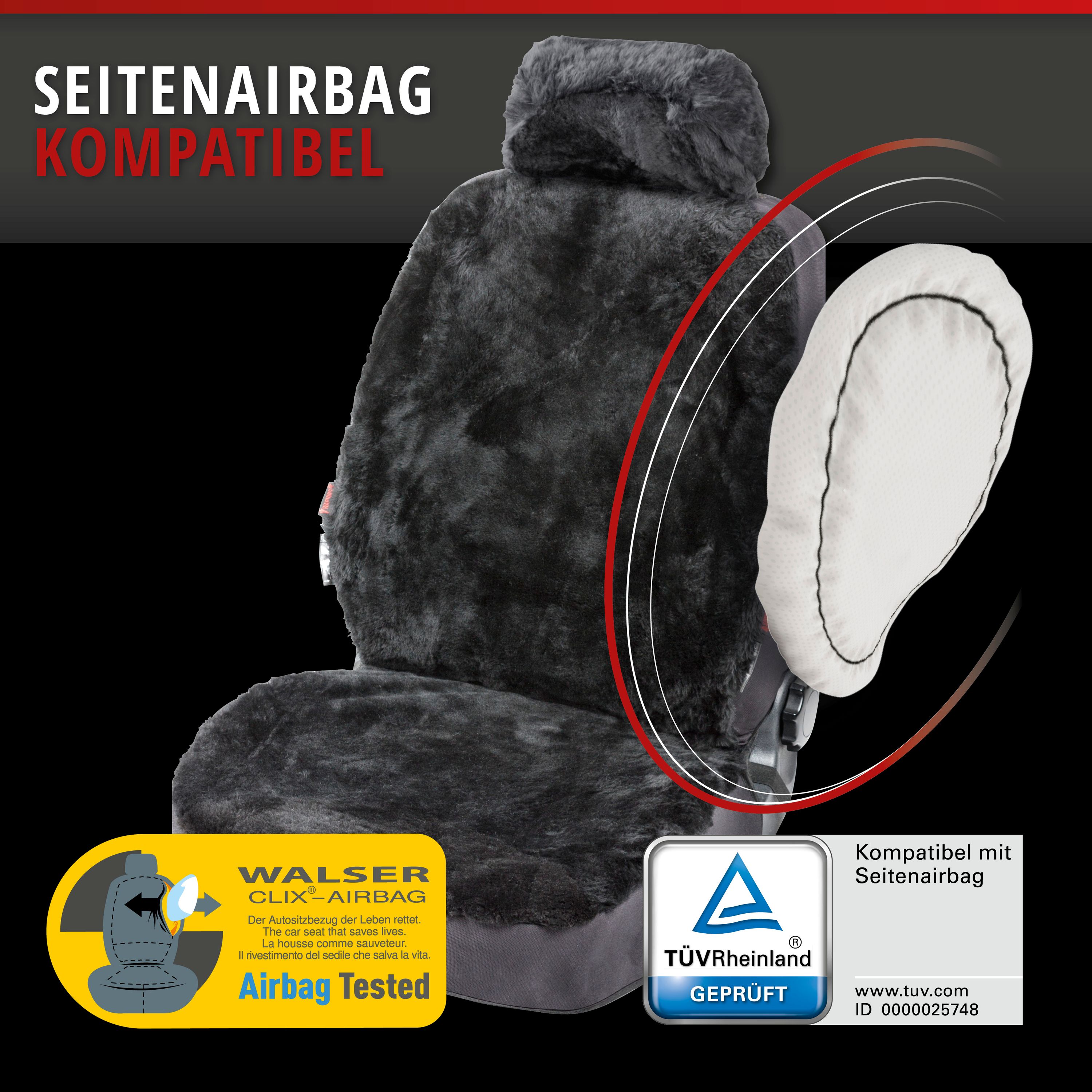 9001778200204_010 Autositzbezug Iva Lammfell Schwarz, auf Sitz montiert mit Seiten Airbag