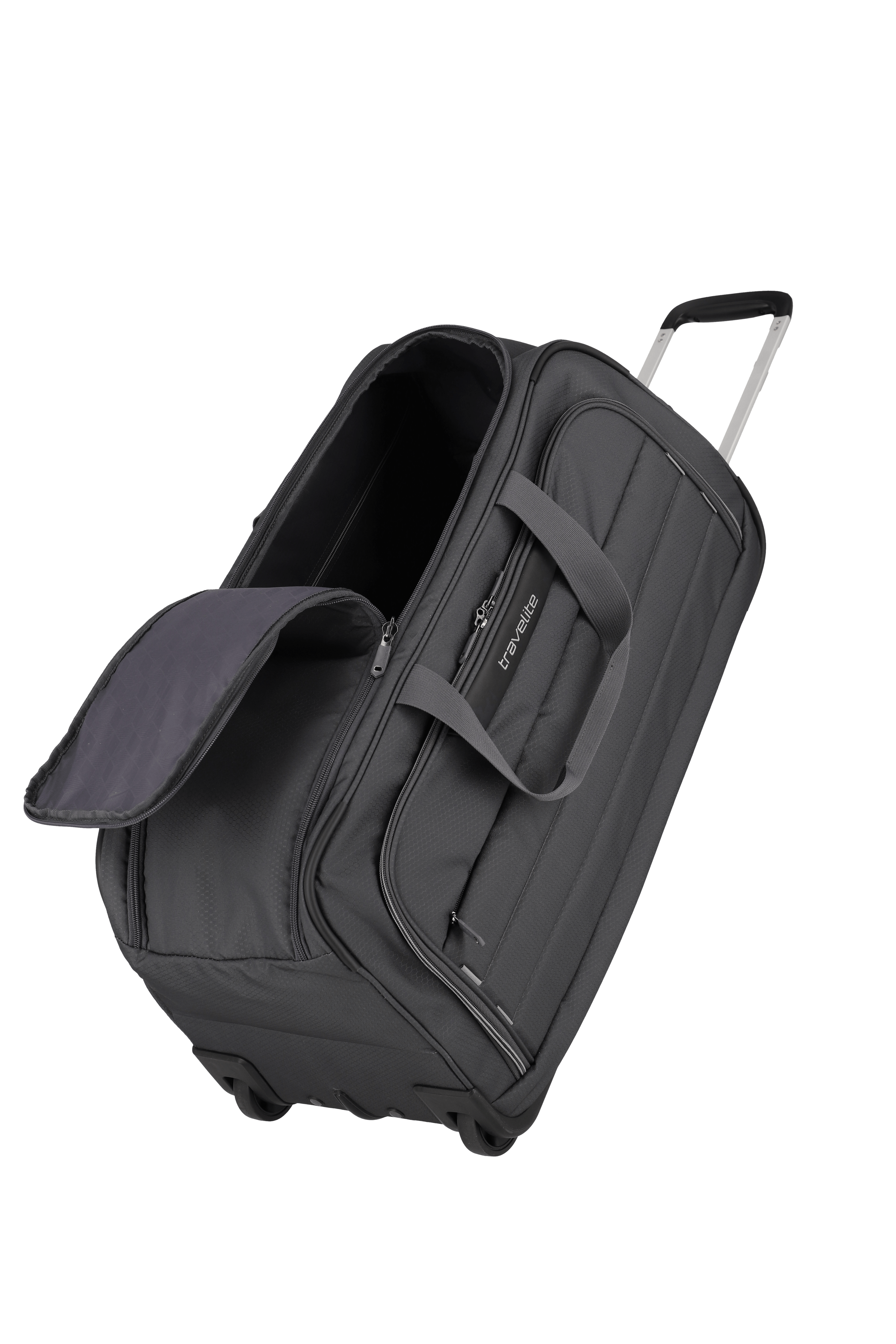 Travelite Skall Trolley Reistasche Grau-Schwarz.  schräg geöffnet